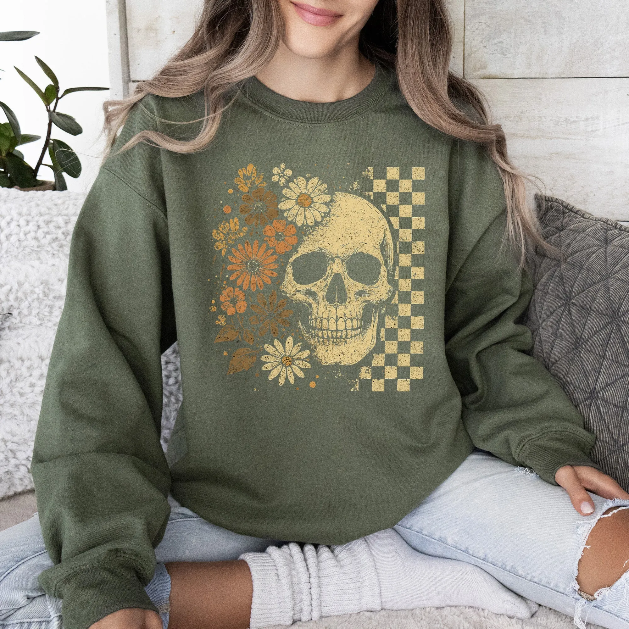 Vintage Skull, Floral, Checkered, Ghost, Halloween, Book, Cat, Western, Pumpkin, Retro, Spooky, Costume, Fall, Graphic Sweatshirt sold by Refinery Number One product image thumbnail 5