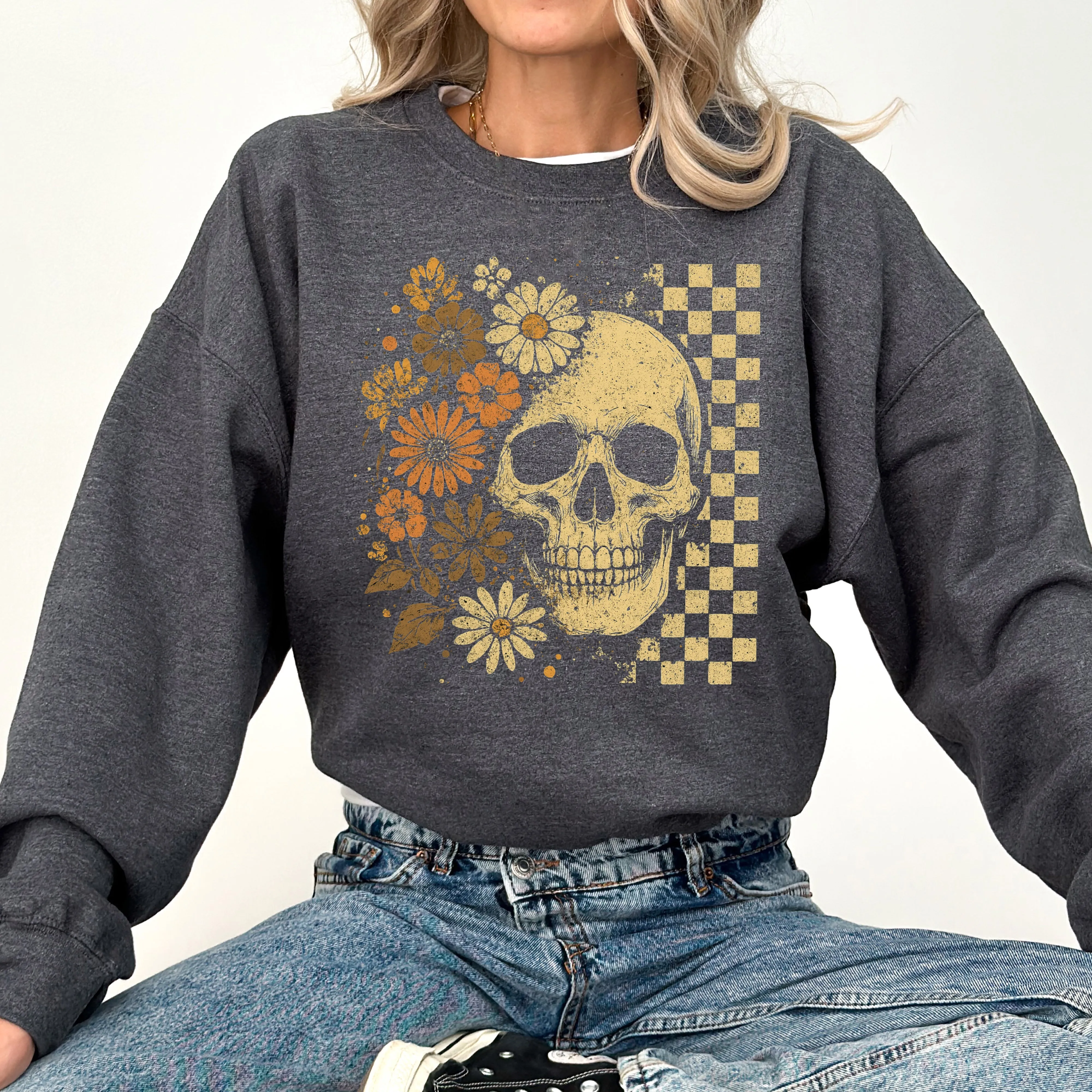 Vintage Skull, Floral, Checkered, Ghost, Halloween, Book, Cat, Western, Pumpkin, Retro, Spooky, Costume, Fall, Graphic Sweatshirt sold by Refinery Number One product image thumbnail 2