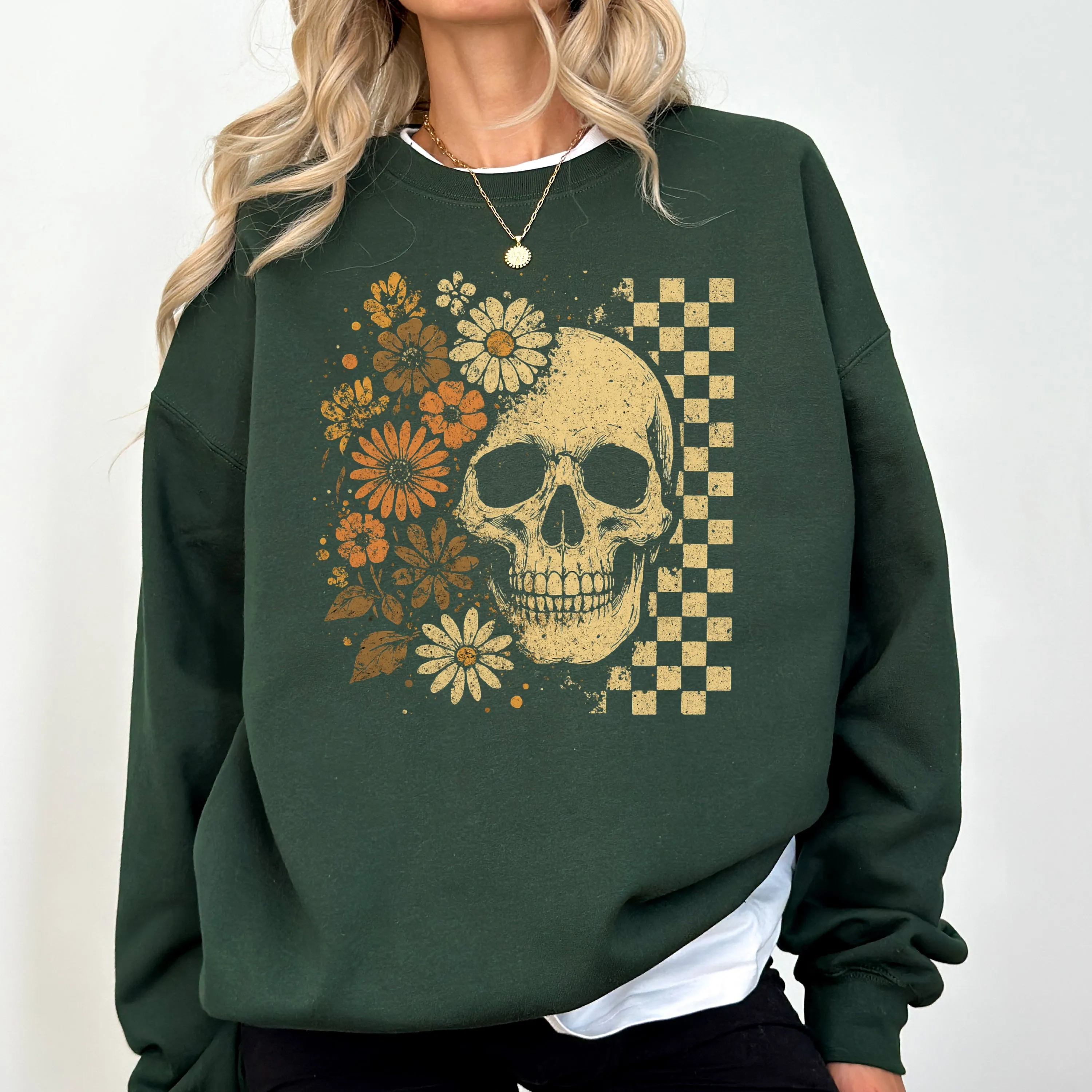 Vintage Skull, Floral, Checkered, Ghost, Halloween, Book, Cat, Western, Pumpkin, Retro, Spooky, Costume, Fall, Graphic Sweatshirt sold by Refinery Number One product image thumbnail 3