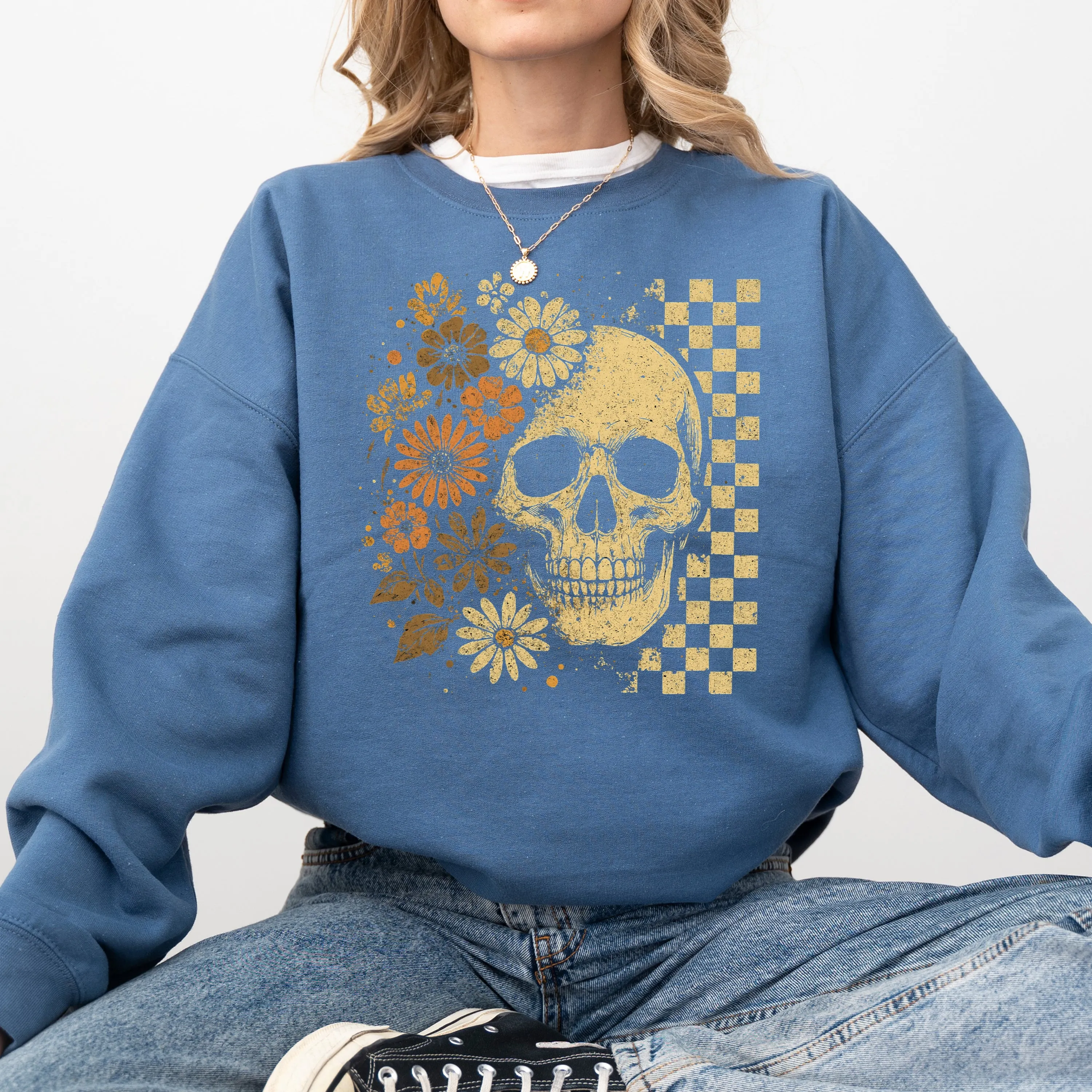 Vintage Skull, Floral, Checkered, Ghost, Halloween, Book, Cat, Western, Pumpkin, Retro, Spooky, Costume, Fall, Graphic Sweatshirt sold by Refinery Number One product image thumbnail 4