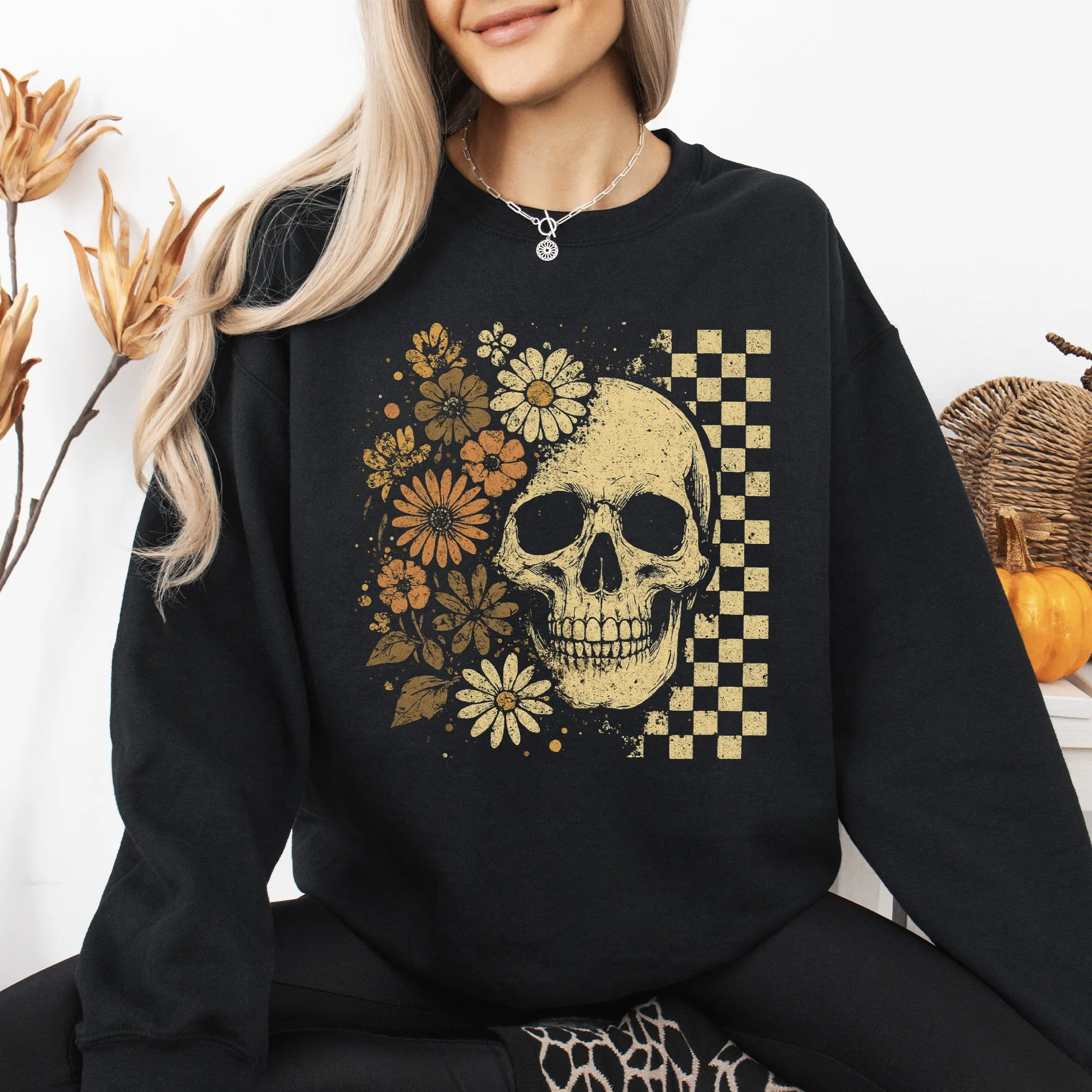 Vintage Skull, Floral, Checkered, Ghost, Halloween, Book, Cat, Western, Pumpkin, Retro, Spooky, Costume, Fall, Graphic Sweatshirt sold by Refinery Number One