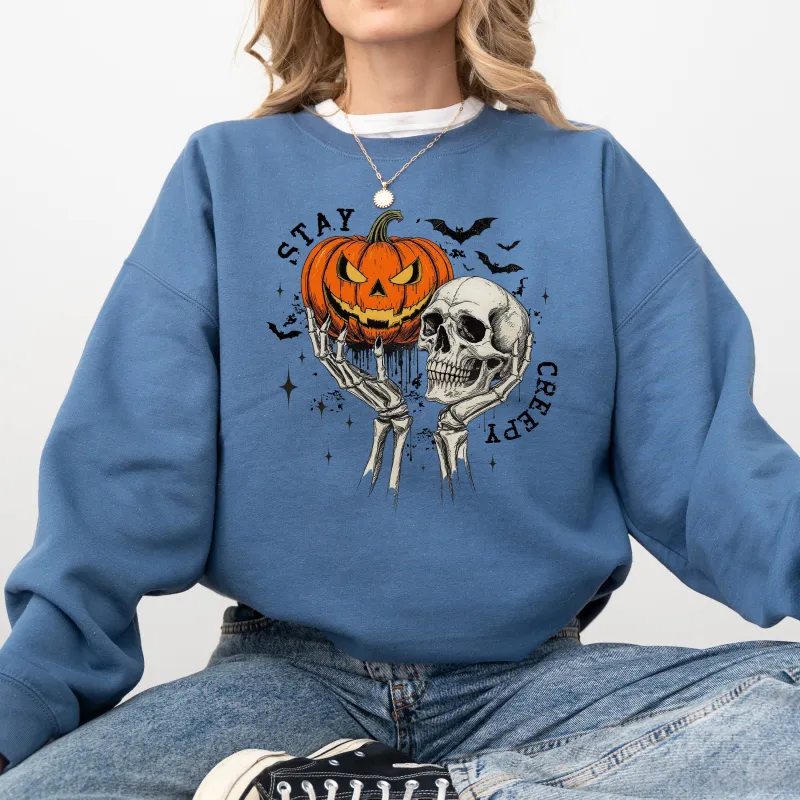 Stay Creepy, Skeleton, Ghost, Halloween, Western, Vintage, Pumpkin, Retro, Spooky, Costume, Fall, Graphic Sweatshirt sold by Refinery Number One