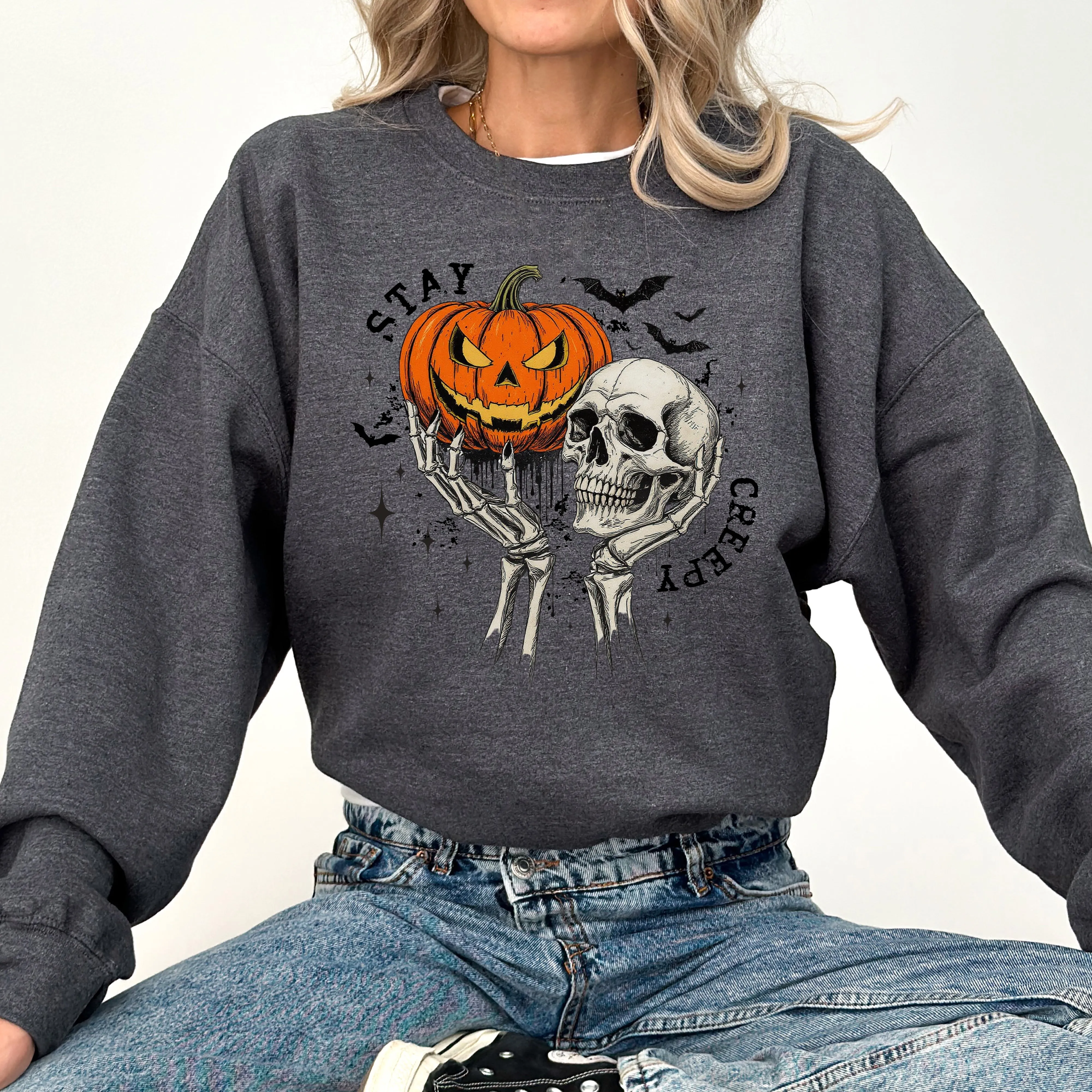 Stay Creepy, Skeleton, Ghost, Halloween, Western, Vintage, Pumpkin, Retro, Spooky, Costume, Fall, Graphic Sweatshirt sold by Refinery Number One product image thumbnail 5