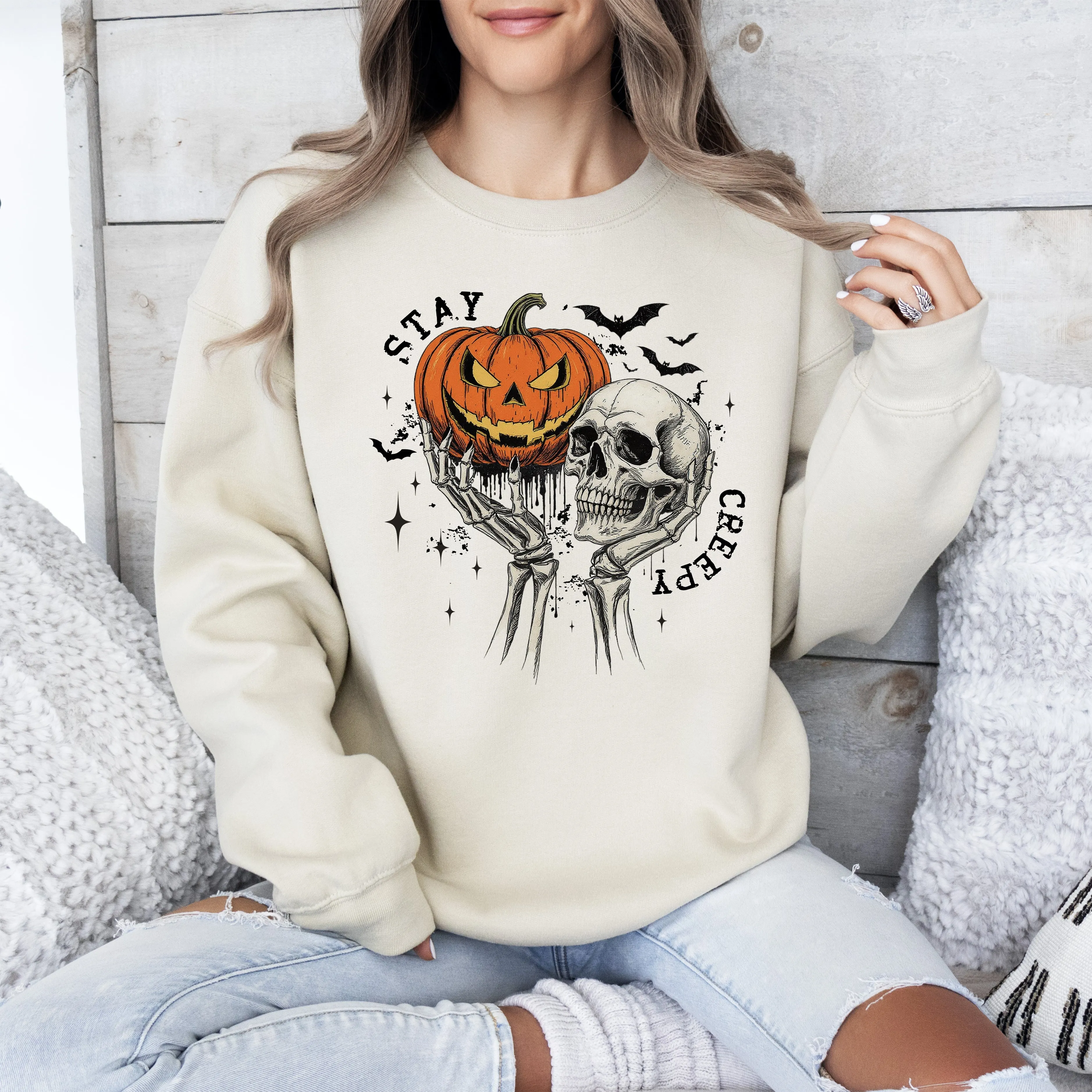 Stay Creepy, Skeleton, Ghost, Halloween, Western, Vintage, Pumpkin, Retro, Spooky, Costume, Fall, Graphic Sweatshirt sold by Refinery Number One product image thumbnail 4