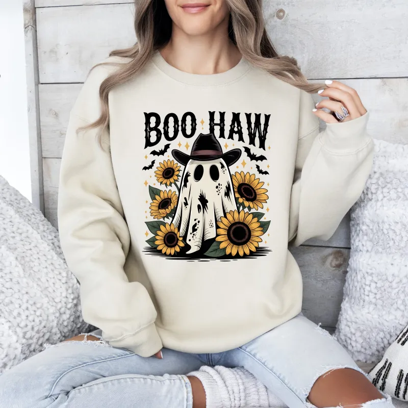 Boo Haw, Cowboy Ghost, Halloween, Western, Sunflowers, Vintage, Pumpkin, Retro, Spooky, Costume, Fall, Graphic Sweatshirt sold by Refinery Number One
