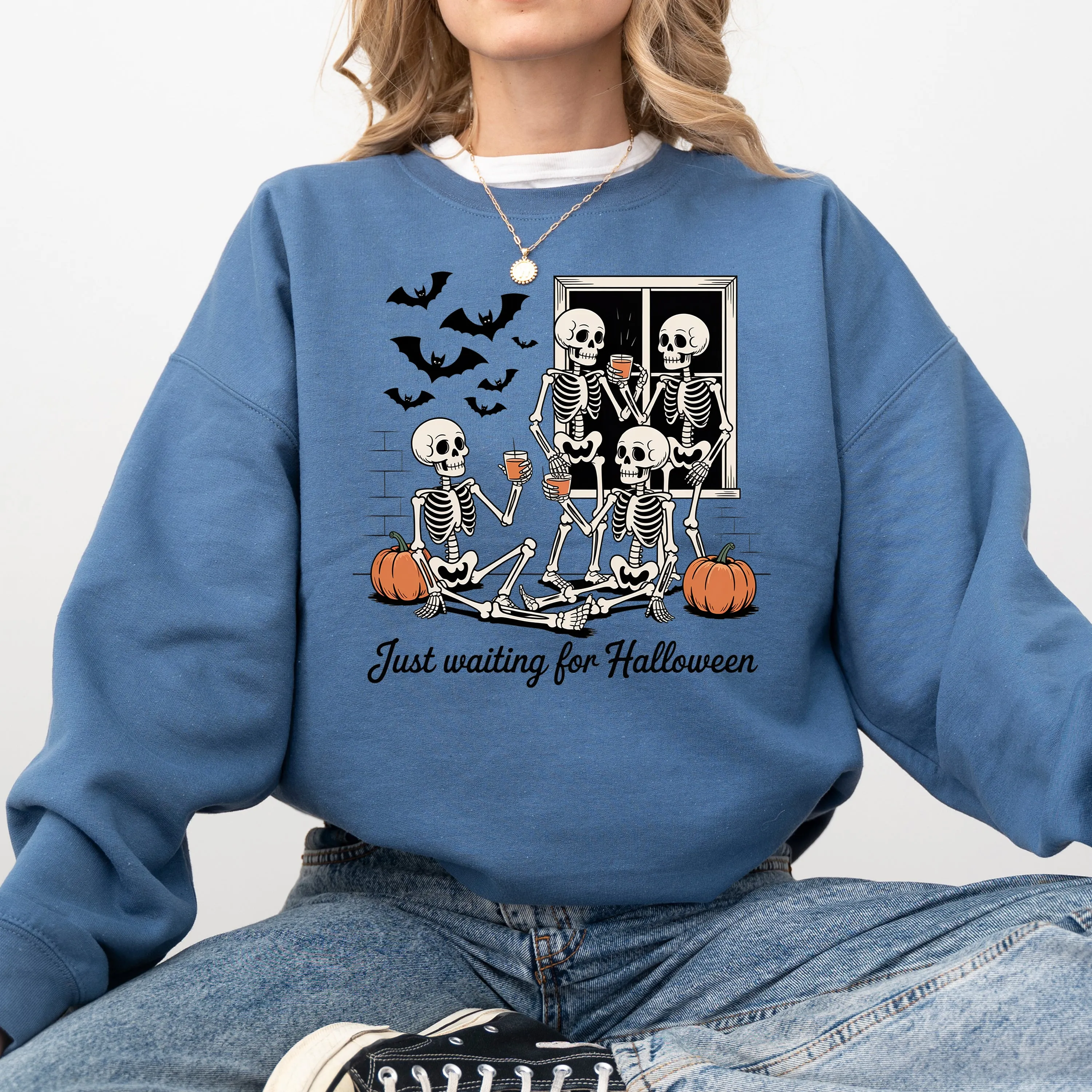 Just Waiting for Halloween, Skeleton, Funny, Ghost, Halloween, Vintage, Pumpkin, Retro, Spooky, Costume, Fall, Graphic Sweatshirt sold by Refinery Number One product image thumbnail 5
