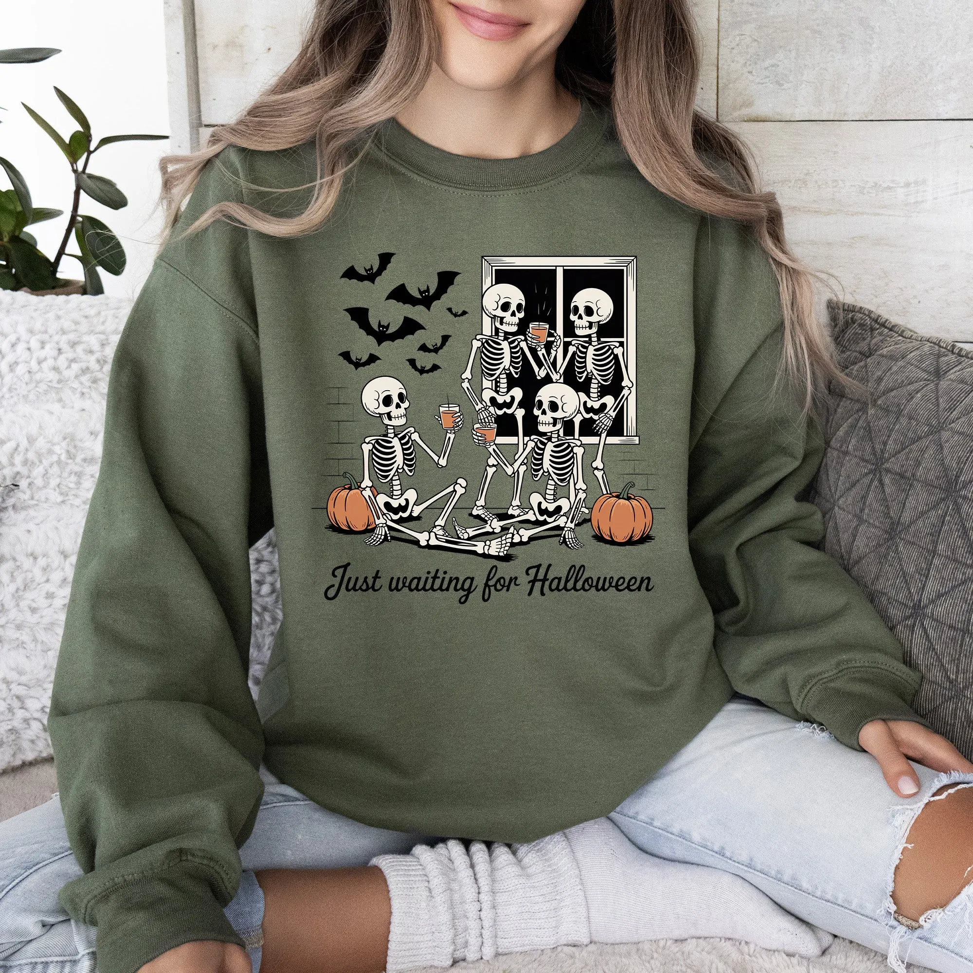 Just Waiting for Halloween, Skeleton, Funny, Ghost, Halloween, Vintage, Pumpkin, Retro, Spooky, Costume, Fall, Graphic Sweatshirt sold by Refinery Number One product image thumbnail 2