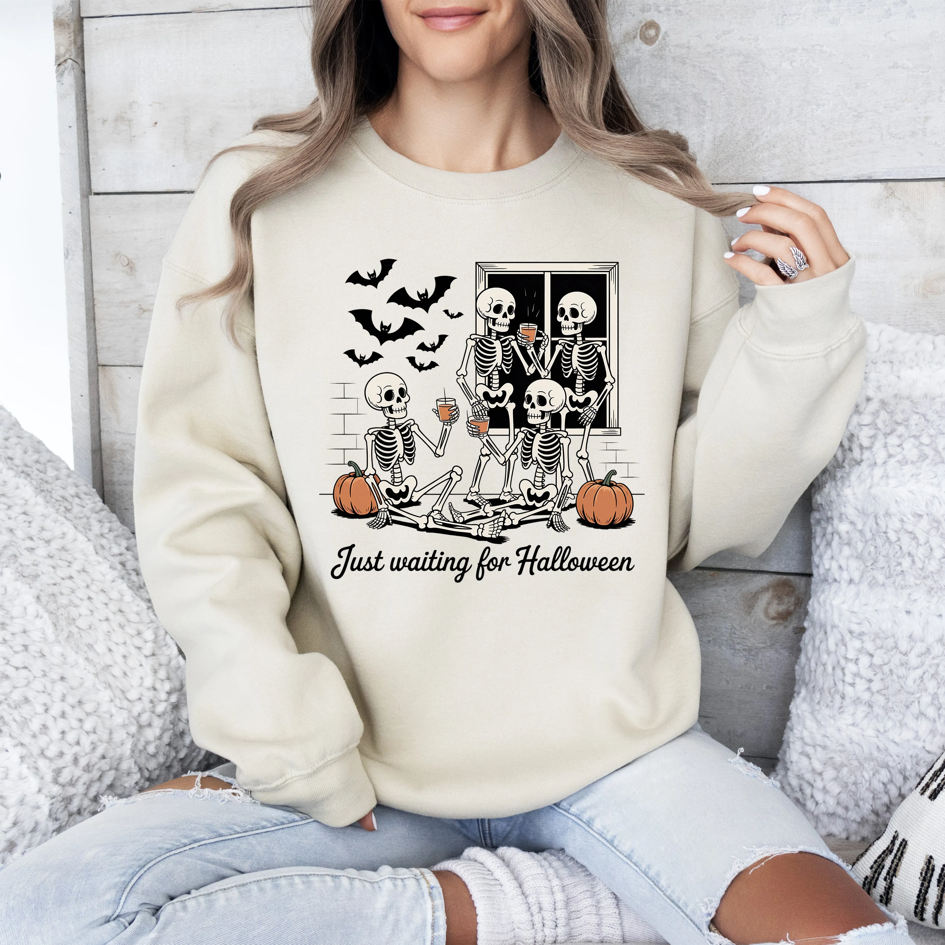 Just Waiting for Halloween, Skeleton, Funny, Ghost, Halloween, Vintage, Pumpkin, Retro, Spooky, Costume, Fall, Graphic Sweatshirt sold by Refinery Number One product image thumbnail 3