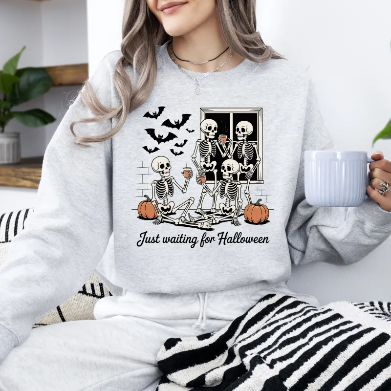 Just Waiting for Halloween, Skeleton, Funny, Ghost, Halloween, Vintage, Pumpkin, Retro, Spooky, Costume, Fall, Graphic Sweatshirt sold by Refinery Number One