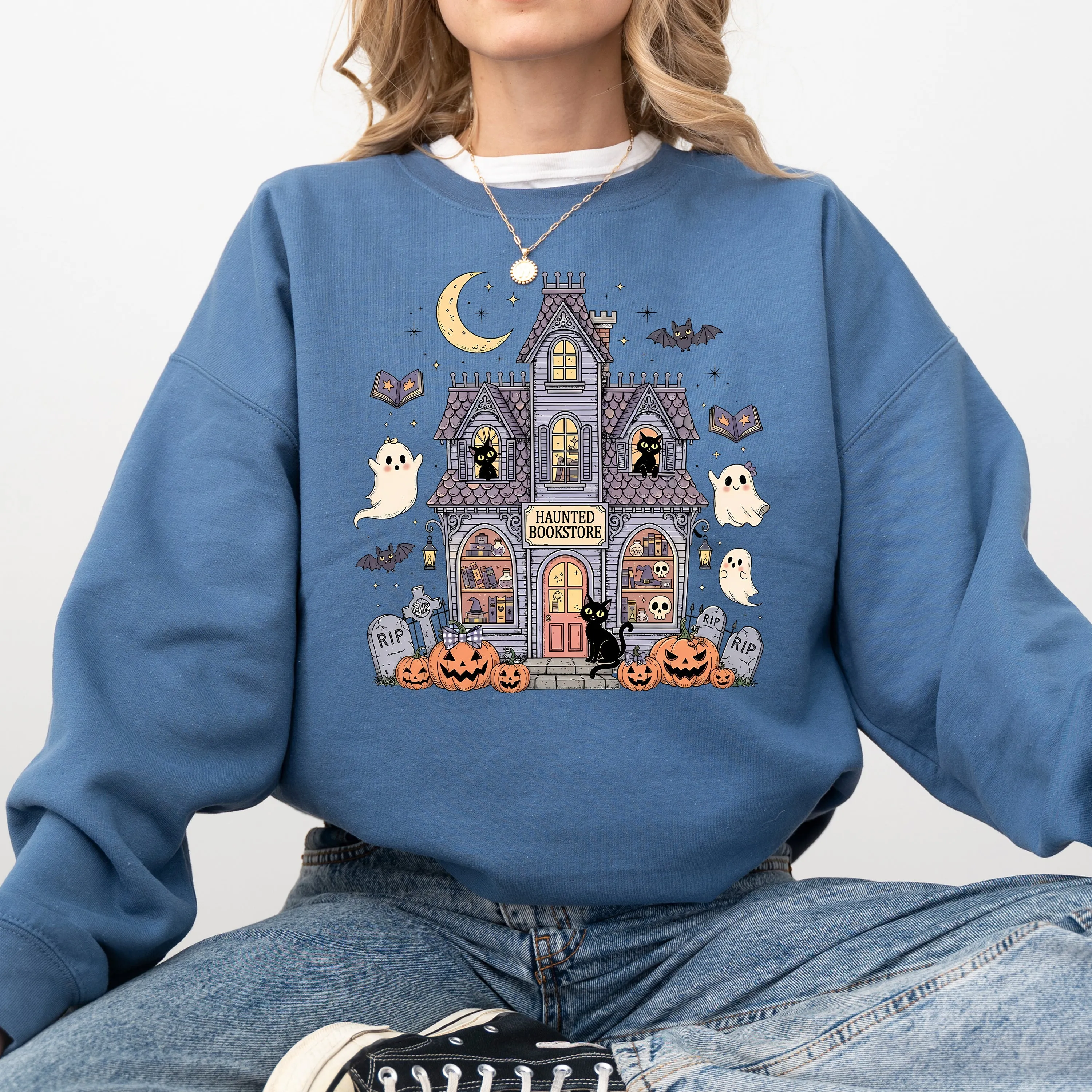 Haunted Book Store, Ghost, Halloween, Vintage, Pumpkin, Retro, Spooky, Costume, Fall, Graphic Sweatshirt sold by Refinery Number One