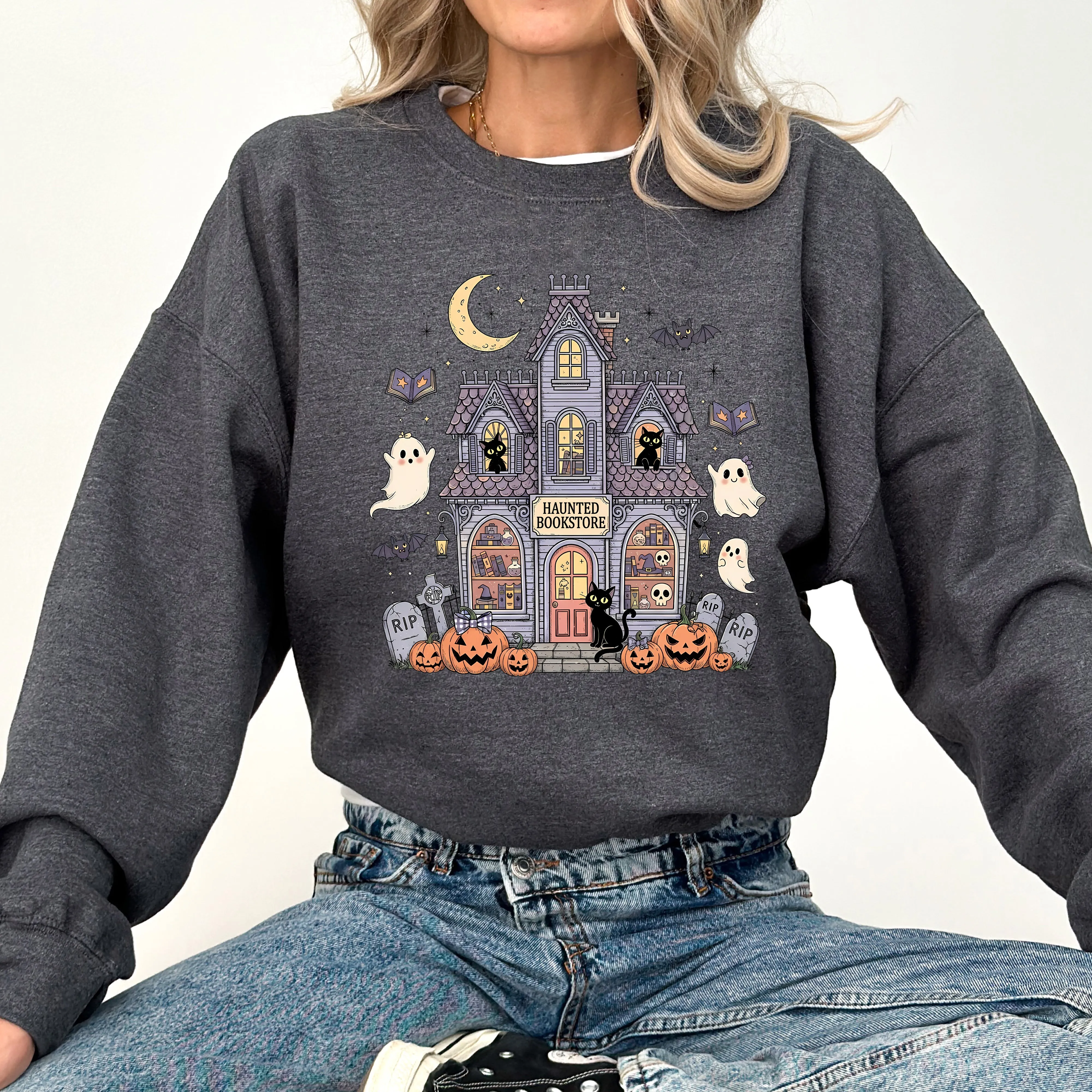 Haunted Book Store, Ghost, Halloween, Vintage, Pumpkin, Retro, Spooky, Costume, Fall, Graphic Sweatshirt sold by Refinery Number One product image thumbnail 4