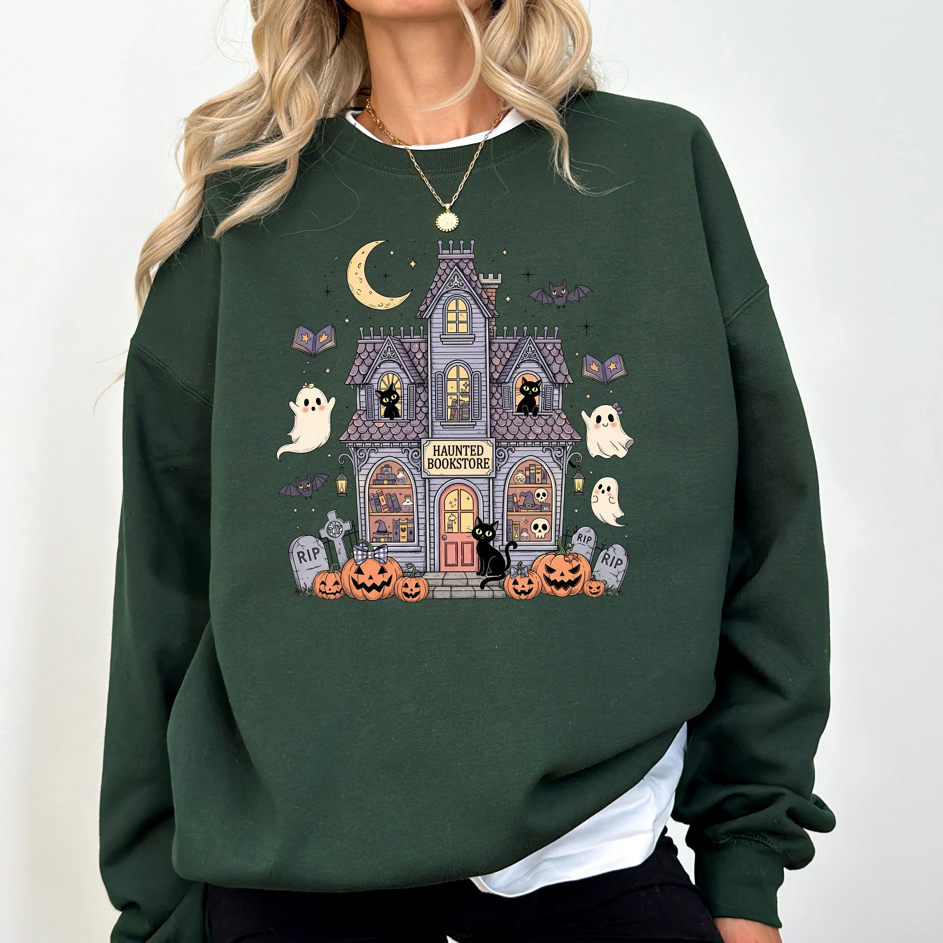 Haunted Book Store, Ghost, Halloween, Vintage, Pumpkin, Retro, Spooky, Costume, Fall, Graphic Sweatshirt sold by Refinery Number One product image thumbnail 5