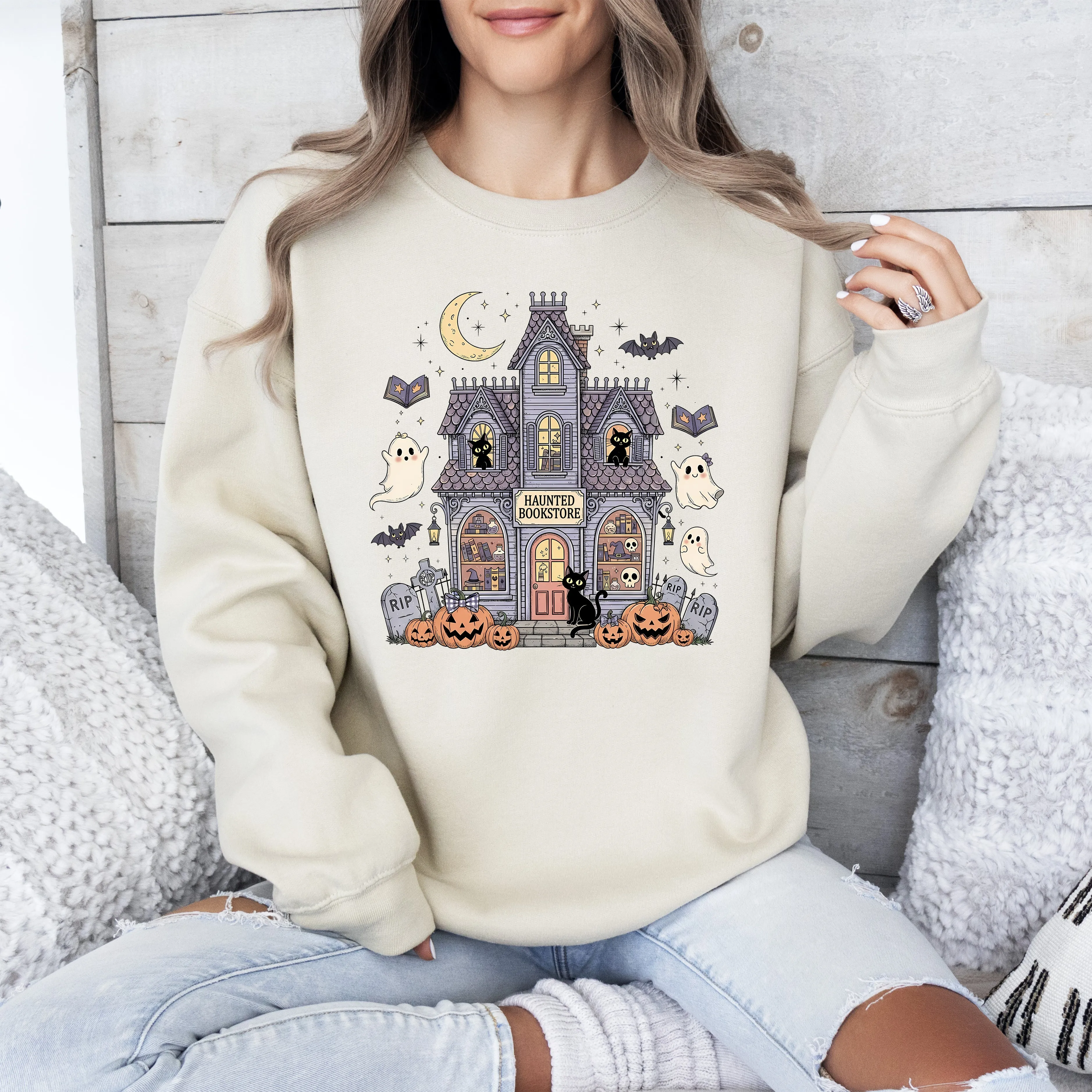 Haunted Book Store, Ghost, Halloween, Vintage, Pumpkin, Retro, Spooky, Costume, Fall, Graphic Sweatshirt sold by Refinery Number One product image thumbnail 3