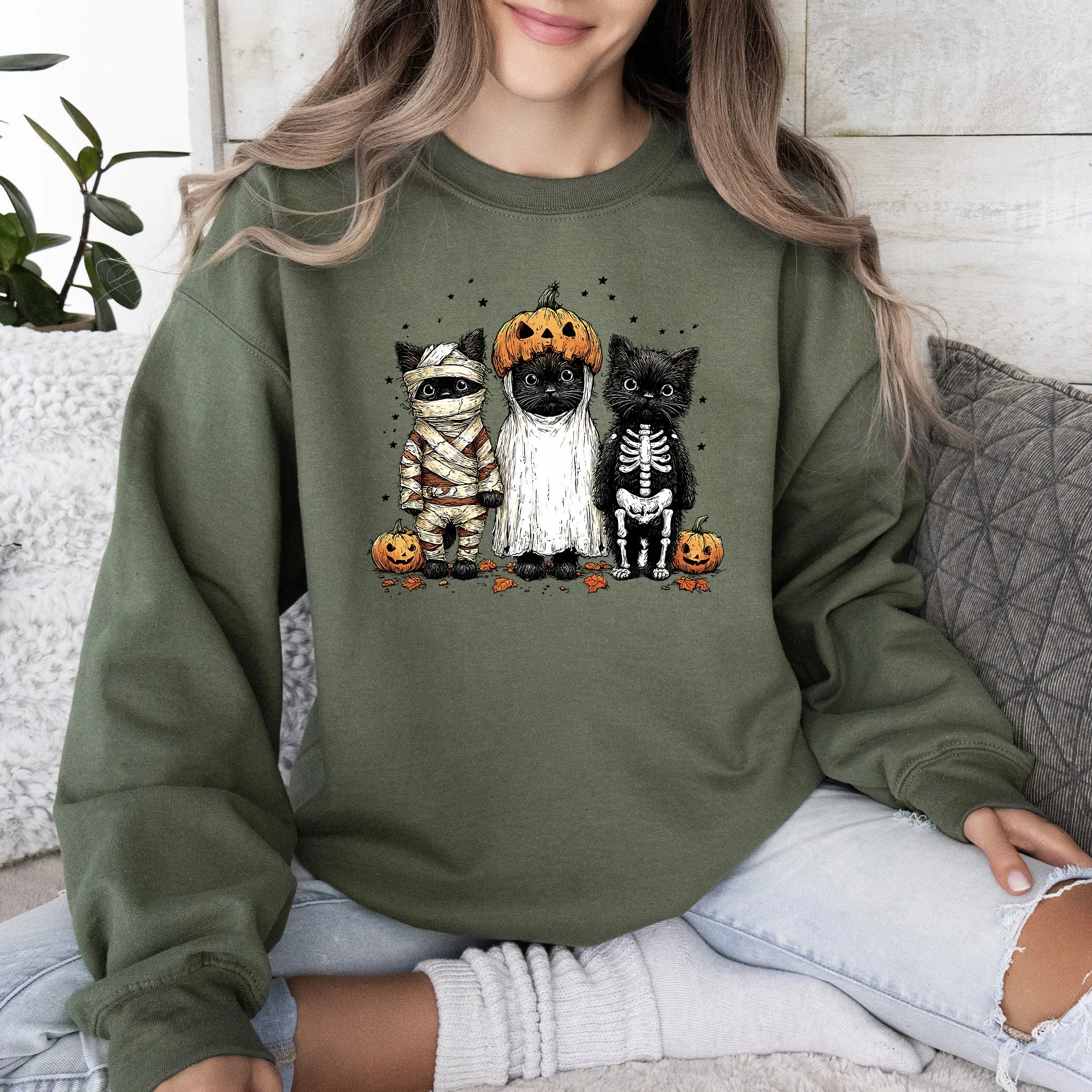 Funny Halloween Cats, Vintage, Ghost, Pumpkin, Retro, Spooky, Costume, Fall, Graphic Sweatshirt sold by Refinery Number One product image thumbnail 2