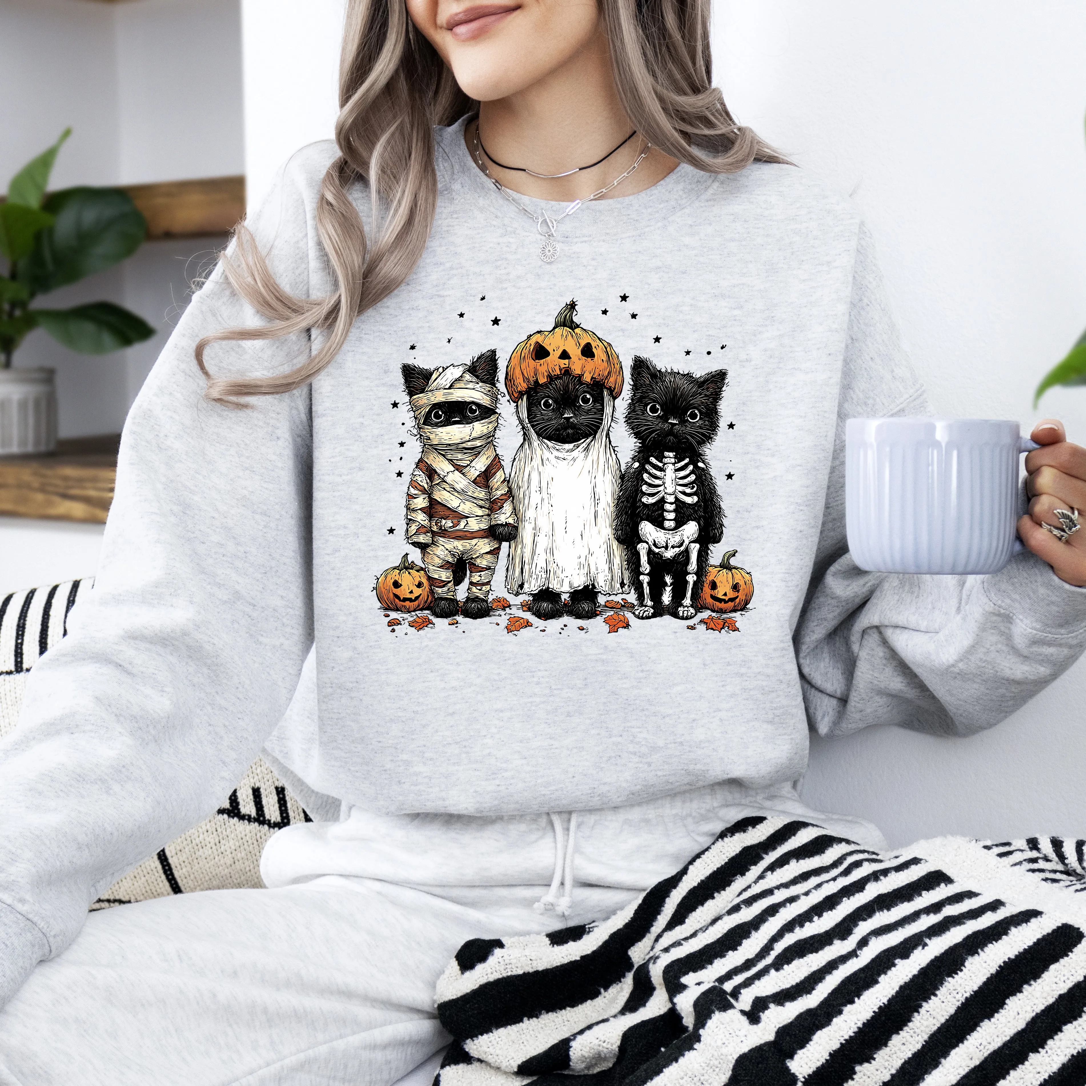 Funny Halloween Cats, Vintage, Ghost, Pumpkin, Retro, Spooky, Costume, Fall, Graphic Sweatshirt sold by Refinery Number One