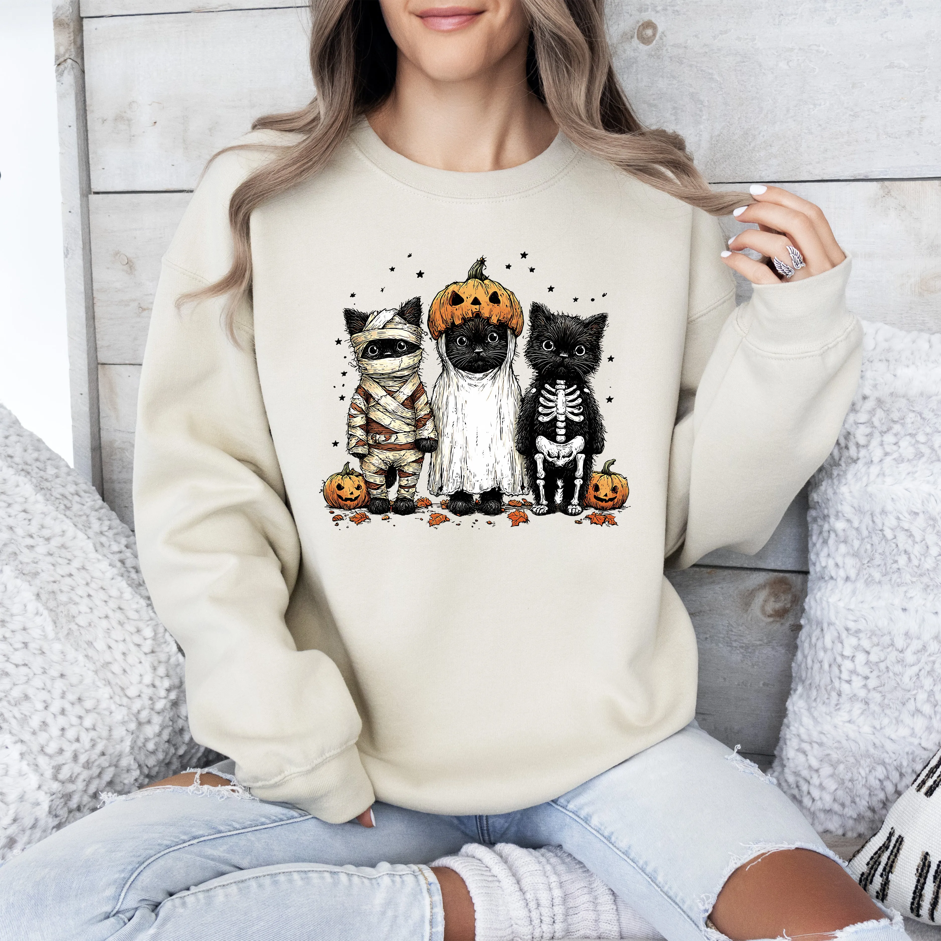 Funny Halloween Cats, Vintage, Ghost, Pumpkin, Retro, Spooky, Costume, Fall, Graphic Sweatshirt sold by Refinery Number One product image thumbnail 3