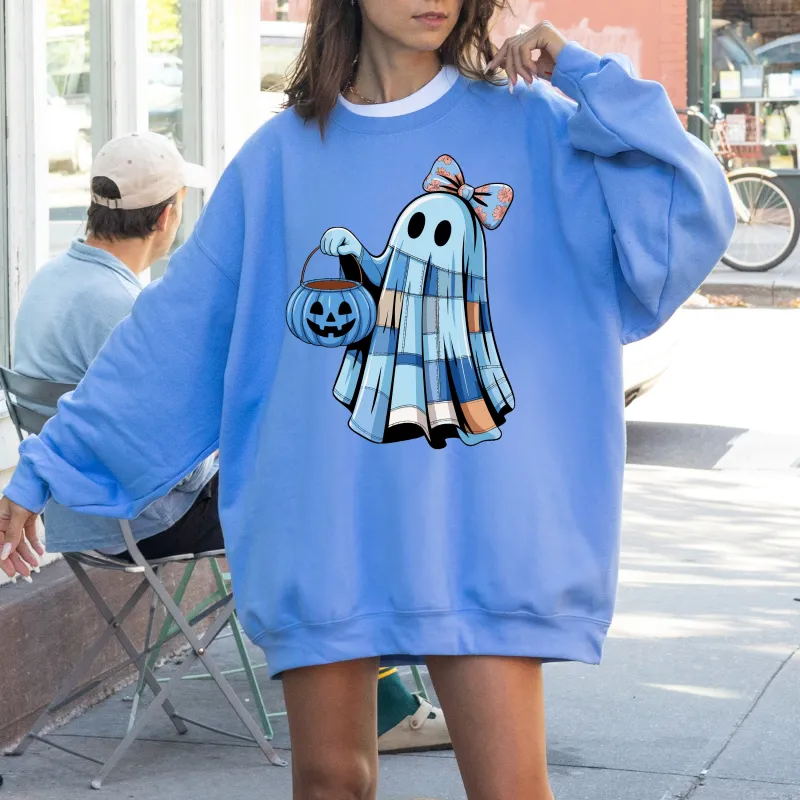 Cute Blue Ghost, Patchwork, Trick or Treat, Witch, Bow, Coquette, Pumpkin, Halloween, Floral, Retro, Spooky, Costume, Fall, Graphic Sweatshirt sold by Refinery Number One