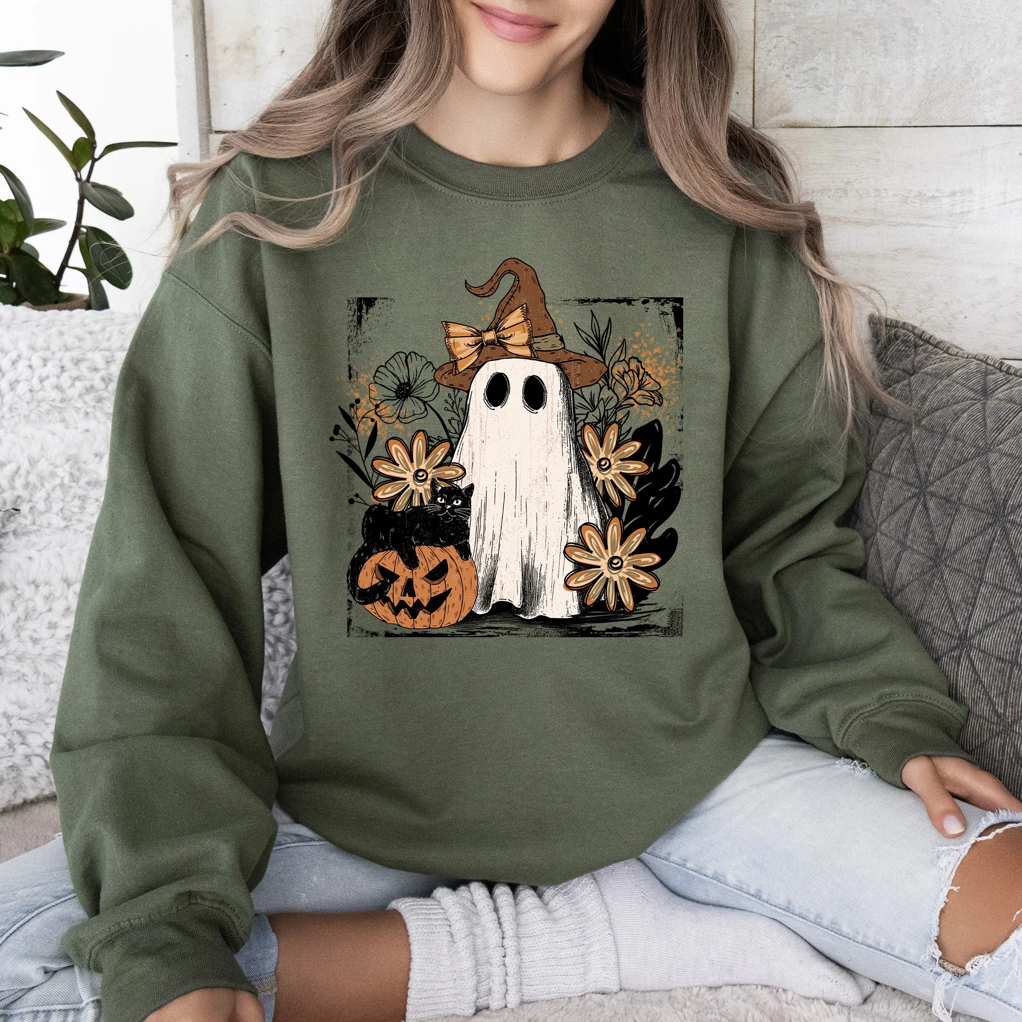 Vintage Ghost, Witch, Bow, Coquette, Pumpkin, Halloween, Floral, Retro, Spooky, Costume, Fall, Graphic Sweatshirt sold by Refinery Number One product image thumbnail 2