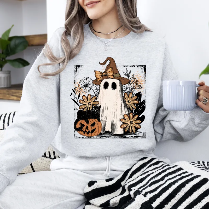 Vintage Ghost, Witch, Bow, Coquette, Pumpkin, Halloween, Floral, Retro, Spooky, Costume, Fall, Graphic Sweatshirt sold by Refinery Number One