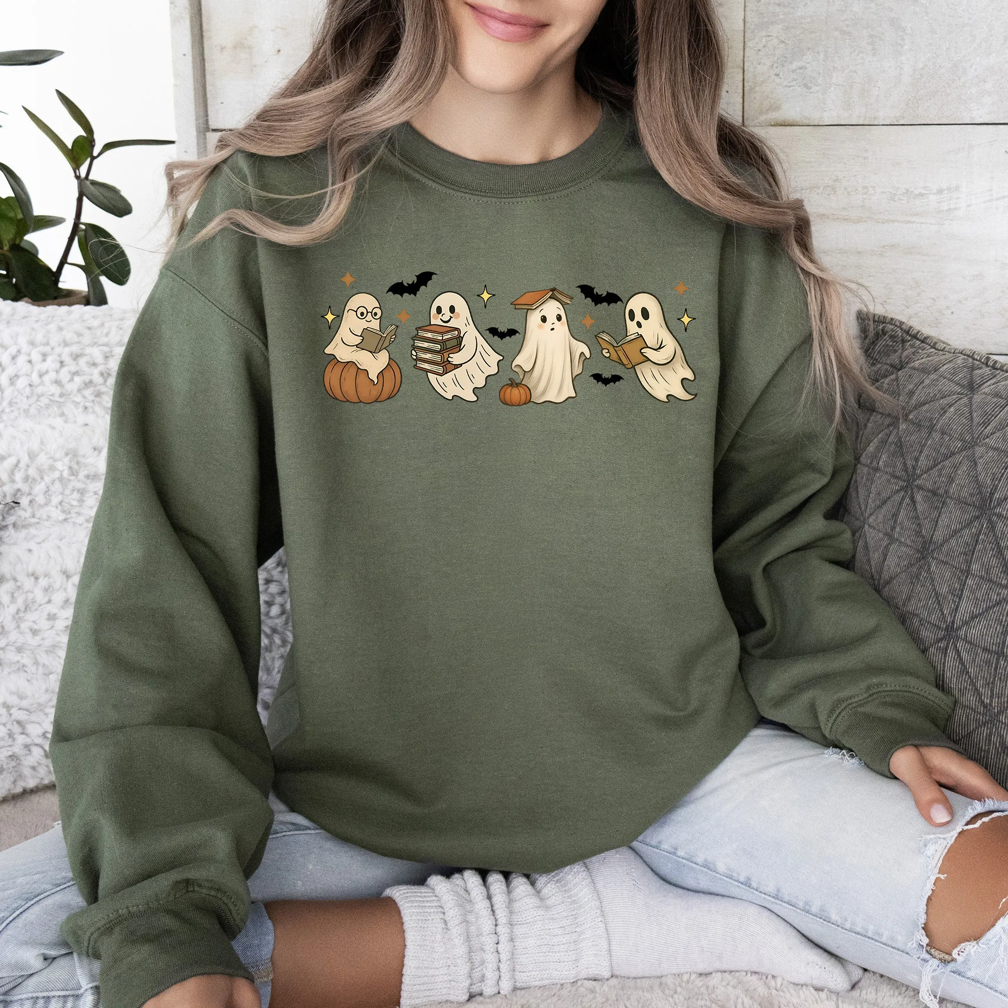 Reading Mini Ghosts, Book Lover, Halloween, Retro, Vintage, Spooky, Costume, Fall, Graphic Sweatshirt sold by Refinery Number One product image thumbnail 3