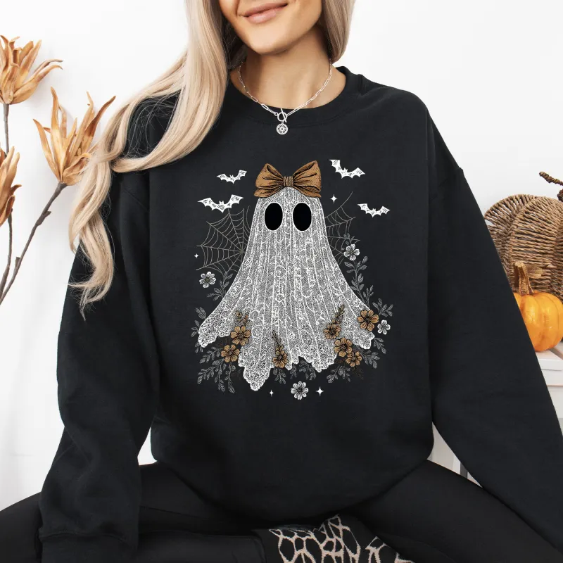 Cute Lace Ghost, Bow, Coquette, Bats, Halloween, Retro, Vintage, Spooky, Costume, Fall, Graphic Sweatshirt sold by Refinery Number One