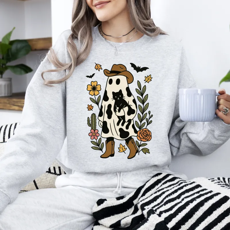 Cute Cowboy Ghost, Cat, Western, Halloween, Retro, Vintage, Spooky, Costume, Fall, Graphic Sweatshirt sold by Refinery Number One