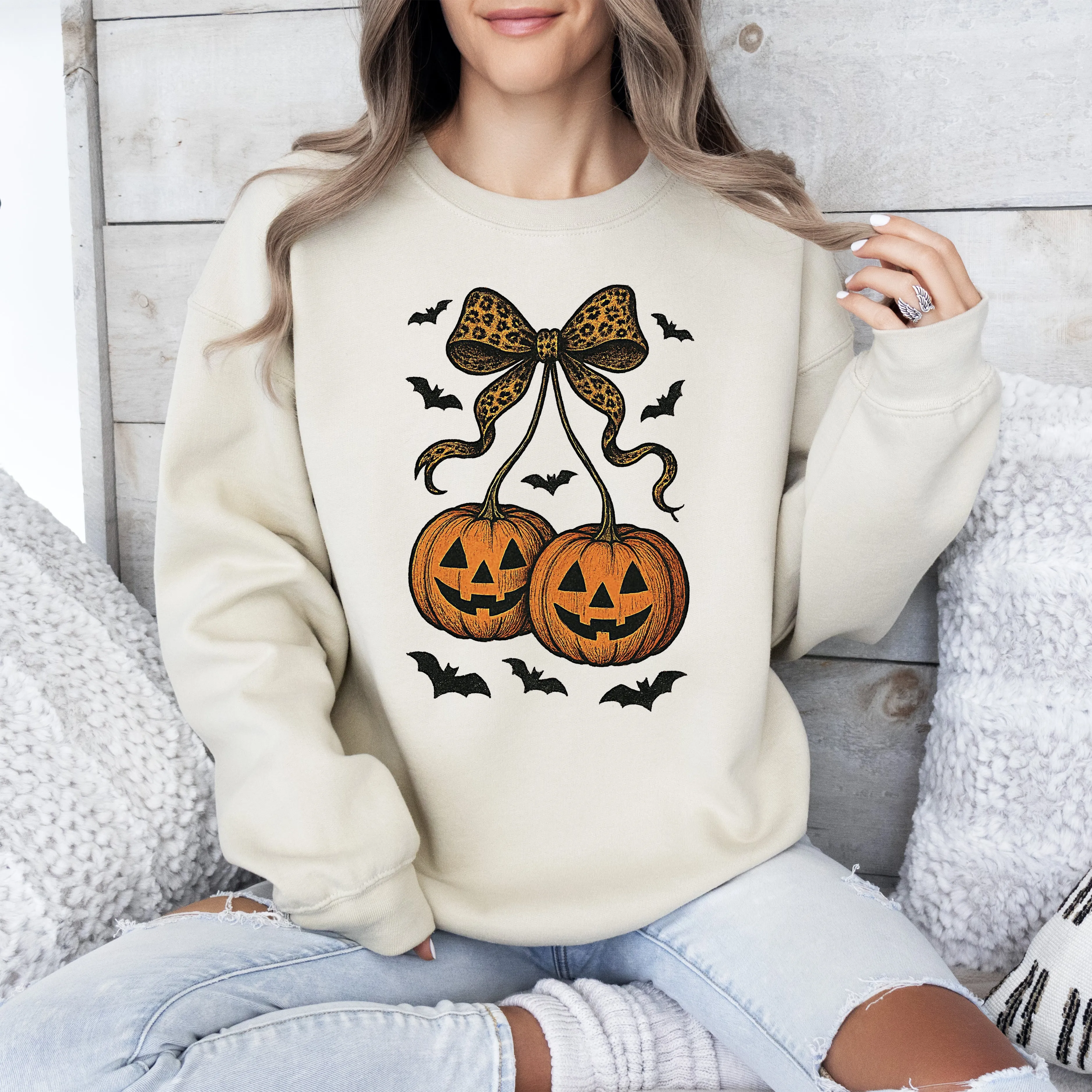 Pumpkin Coquette, Bow, Halloween, Retro, Vintage, Spooky, Costume, Fall, Graphic Sweatshirt sold by Refinery Number One