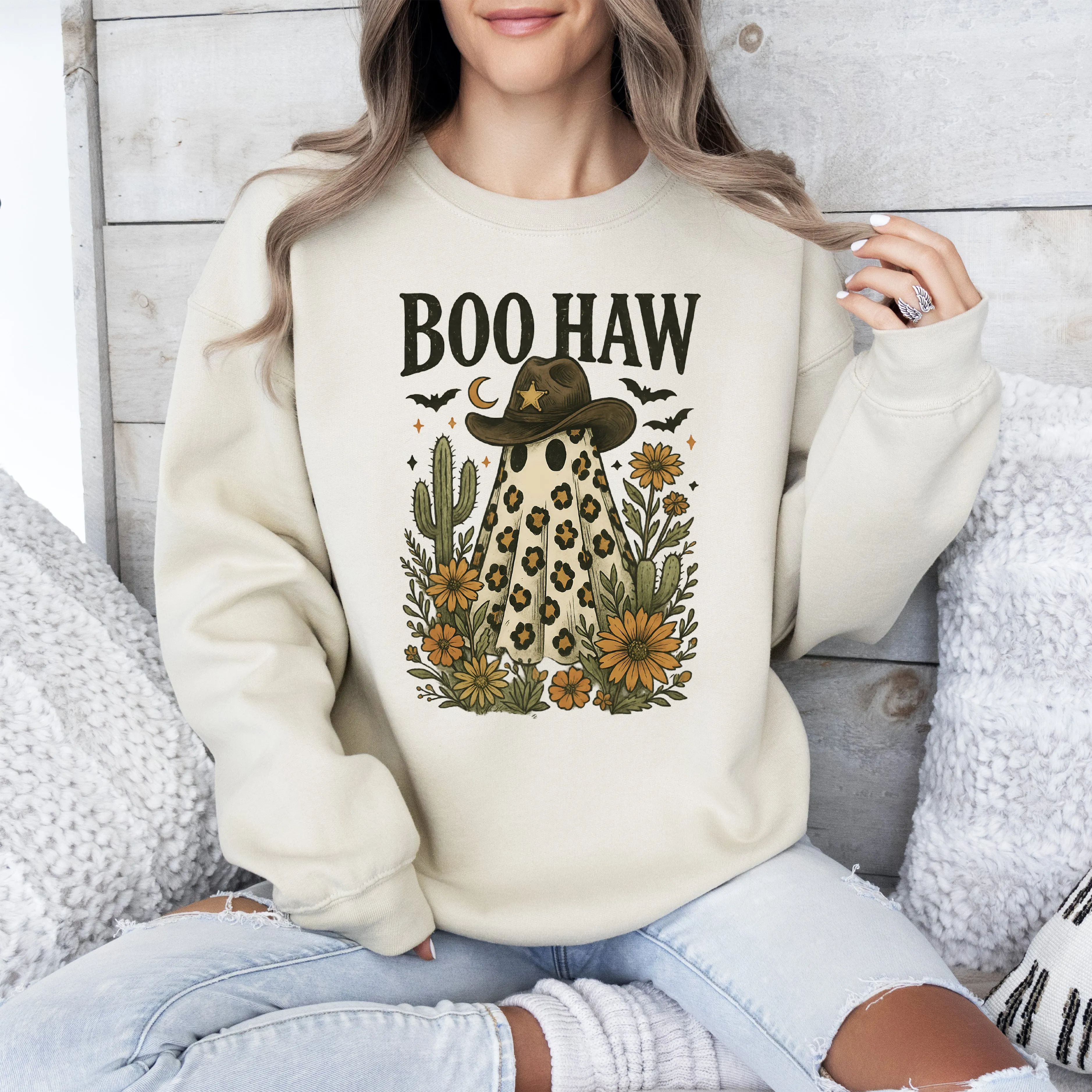 Boo Haw, Cowboy Ghost, Western, Halloween, Retro, Vintage, Spooky, Costume, Fall, Graphic Sweatshirt sold by Refinery Number One product image thumbnail 2