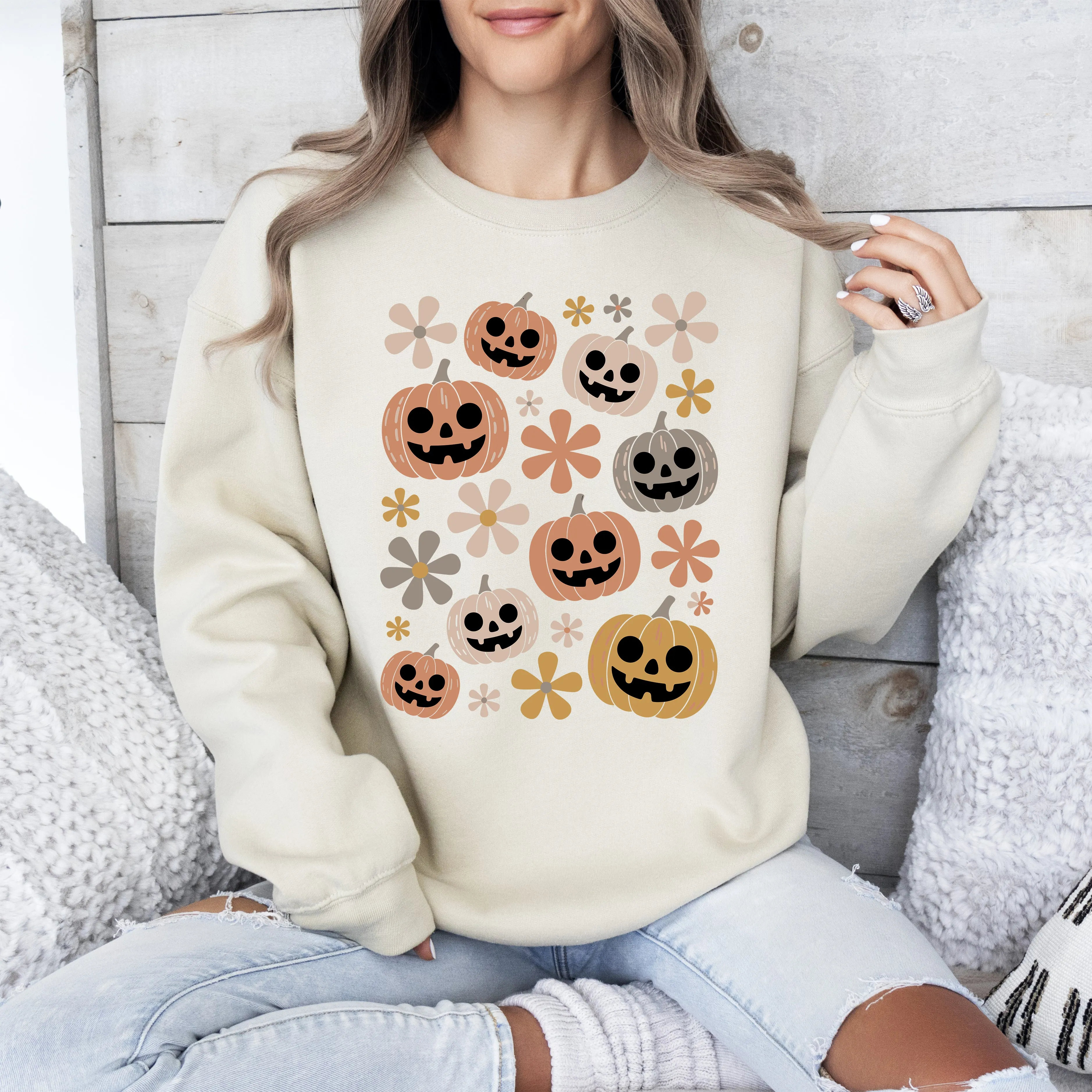 Pumpkins and Flowers, Halloween, Retro, Vintage, Spooky, Costume, Fall, Graphic Sweatshirt sold by Refinery Number One product image thumbnail 3