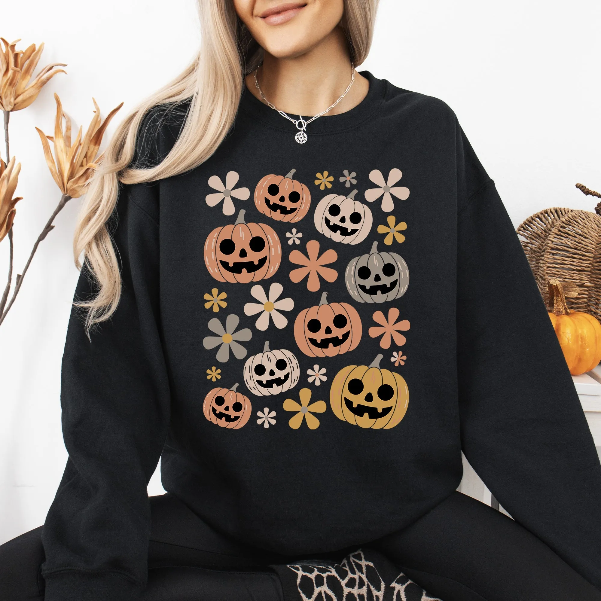 Pumpkins and Flowers, Halloween, Retro, Vintage, Spooky, Costume, Fall, Graphic Sweatshirt sold by Refinery Number One product image thumbnail 2