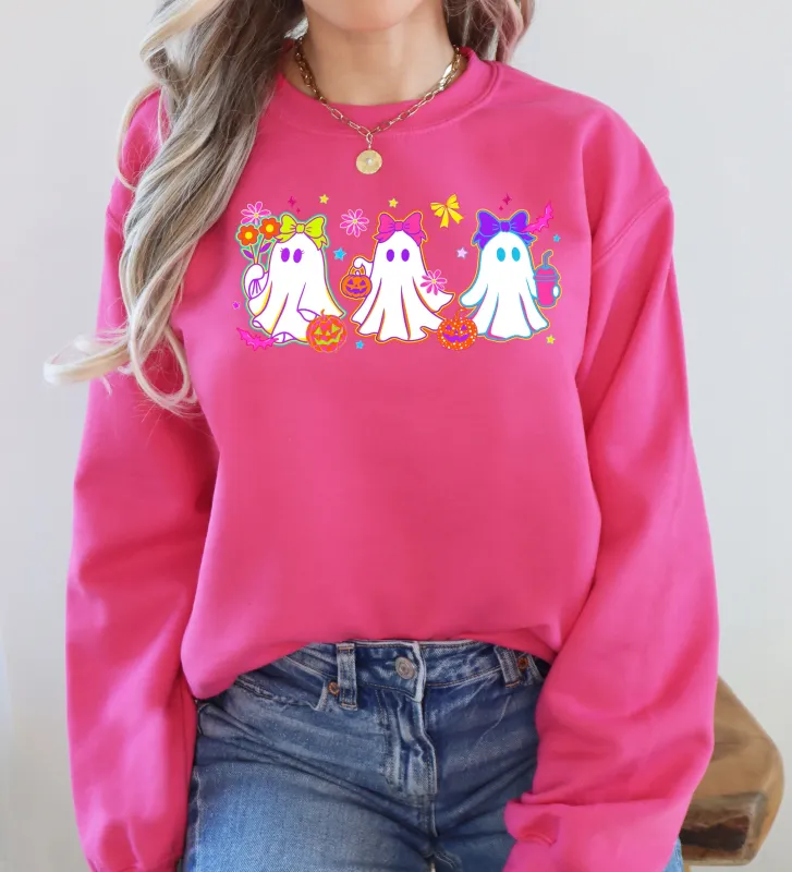 Cute Neon Ghosts, Halloween, Checkered, Retro, Vintage, Spooky, Costume, Fall, Graphic Sweatshirt sold by Refinery Number One