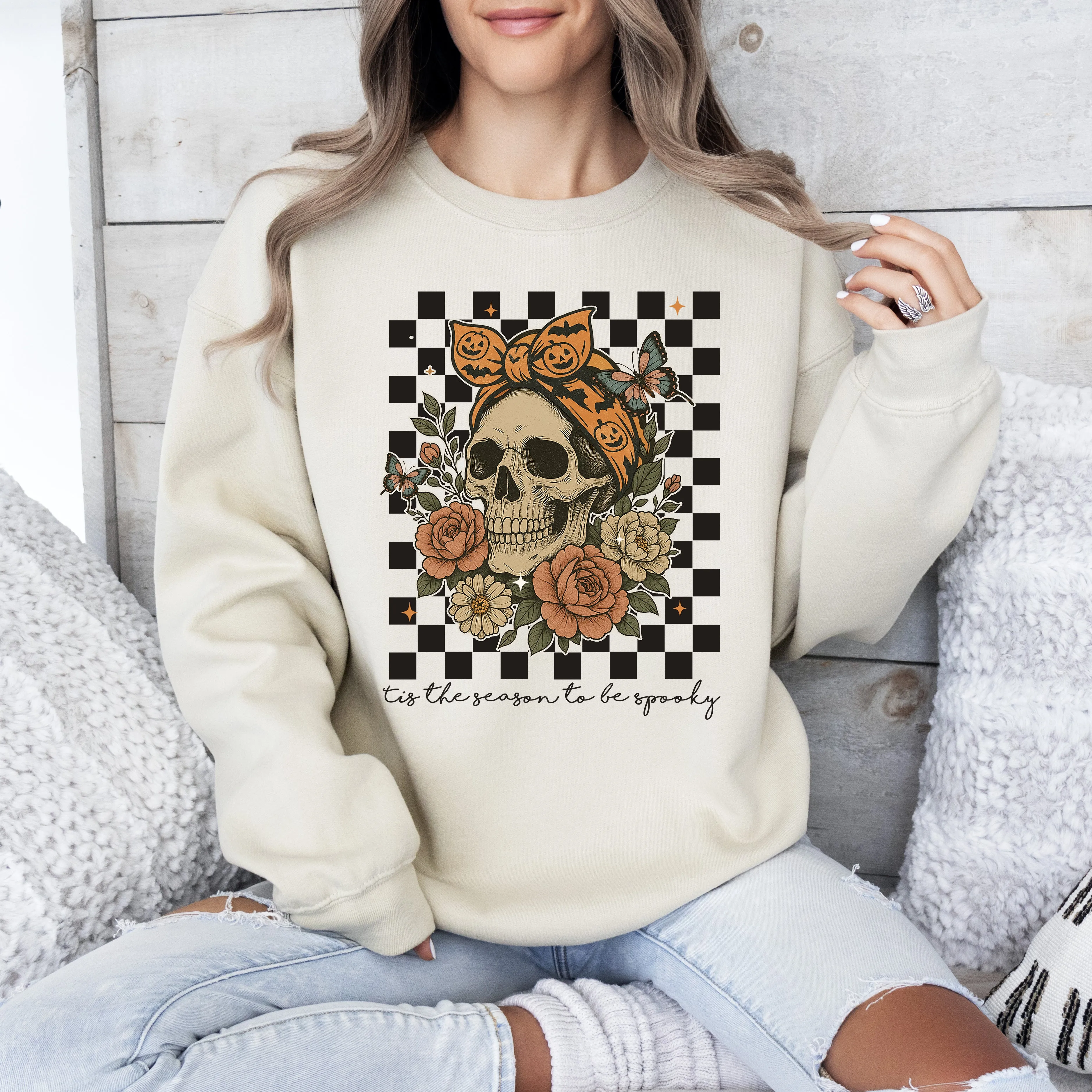 Tis The Season, Skull, Halloween, Ghost, Checkered, Retro, Vintage, Spooky, Costume, Fall, Graphic Sweatshirt sold by Refinery Number One product image thumbnail 3