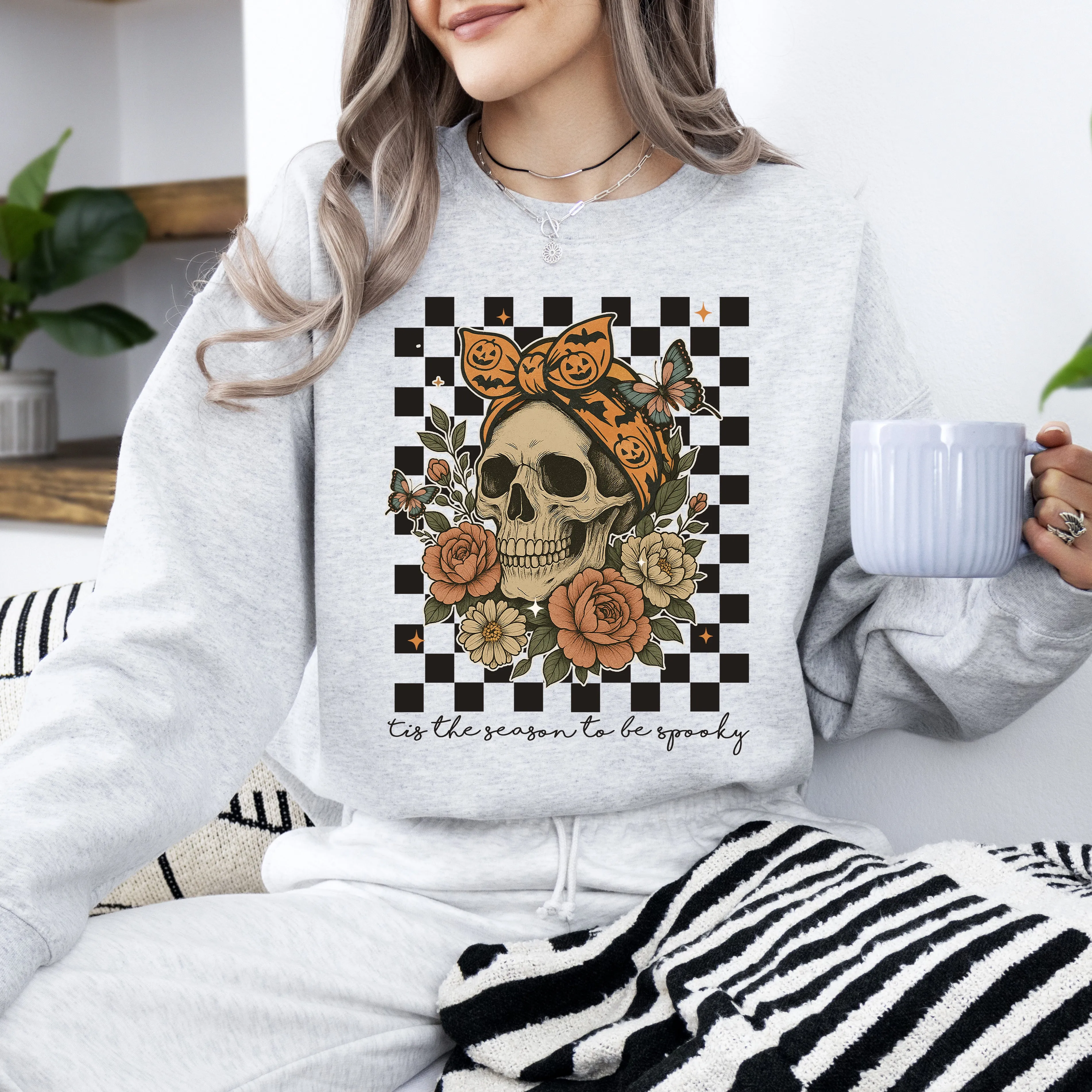 Tis The Season, Skull, Halloween, Ghost, Checkered, Retro, Vintage, Spooky, Costume, Fall, Graphic Sweatshirt sold by Refinery Number One