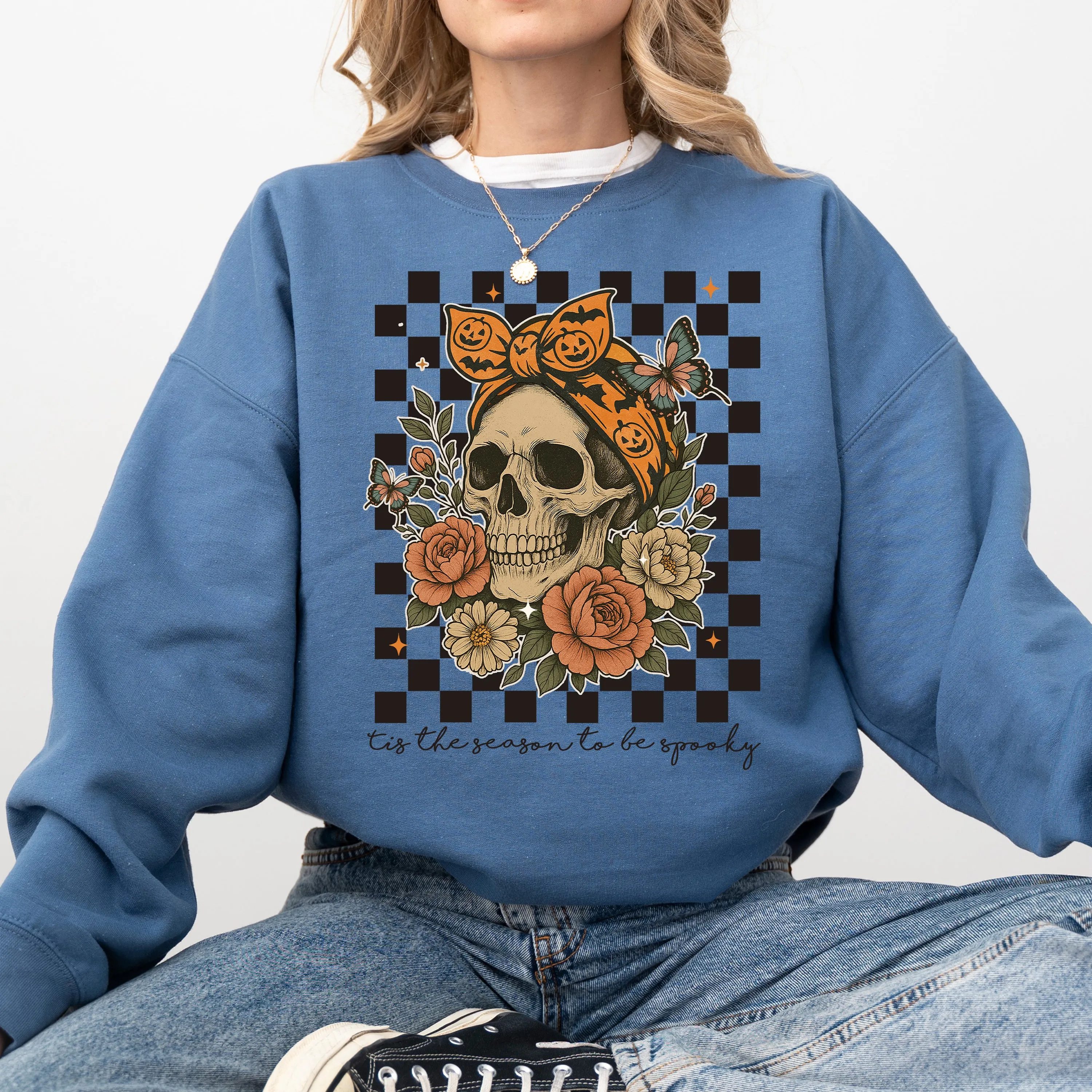 Tis The Season, Skull, Halloween, Ghost, Checkered, Retro, Vintage, Spooky, Costume, Fall, Graphic Sweatshirt sold by Refinery Number One product image thumbnail 4