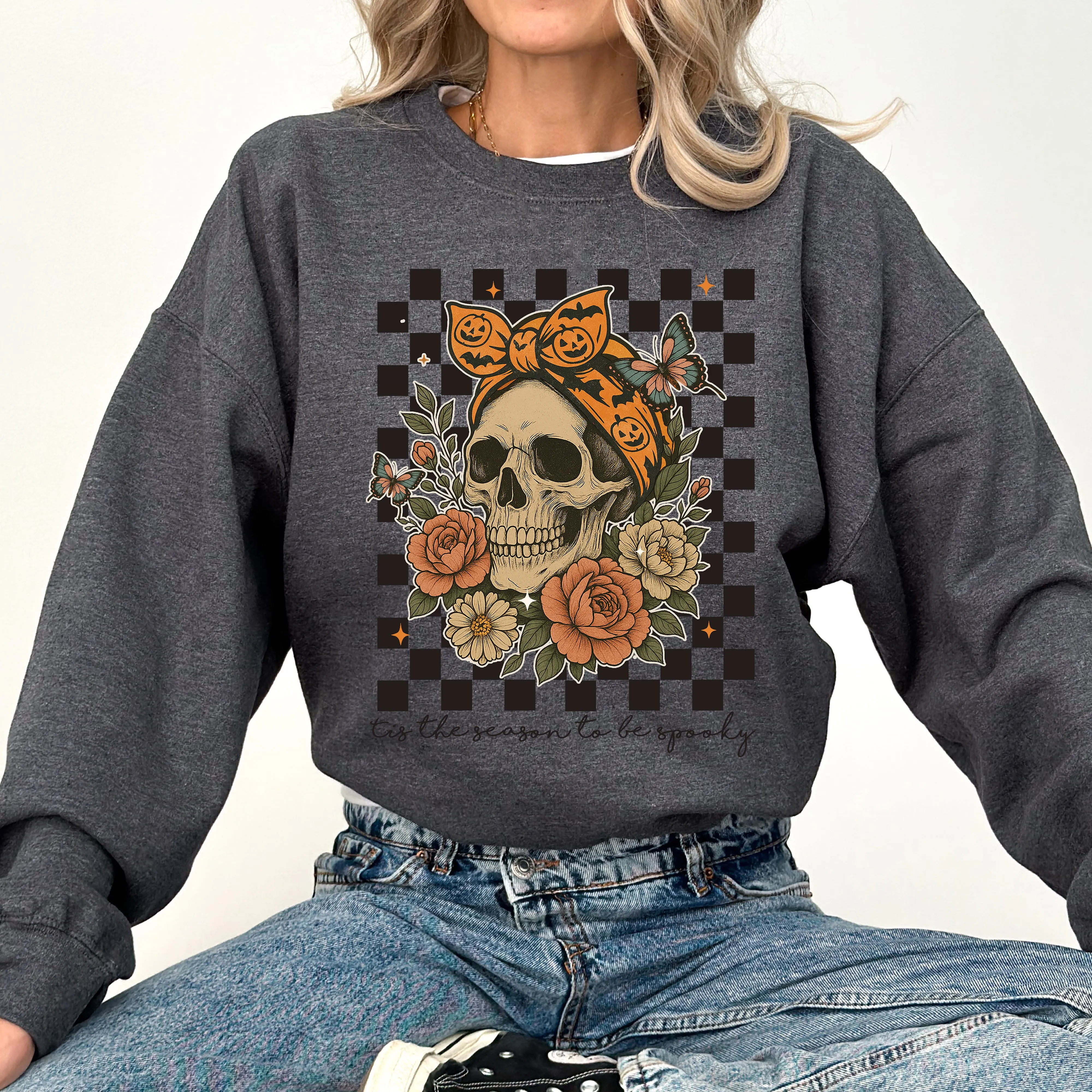 Tis The Season, Skull, Halloween, Ghost, Checkered, Retro, Vintage, Spooky, Costume, Fall, Graphic Sweatshirt sold by Refinery Number One product image thumbnail 2