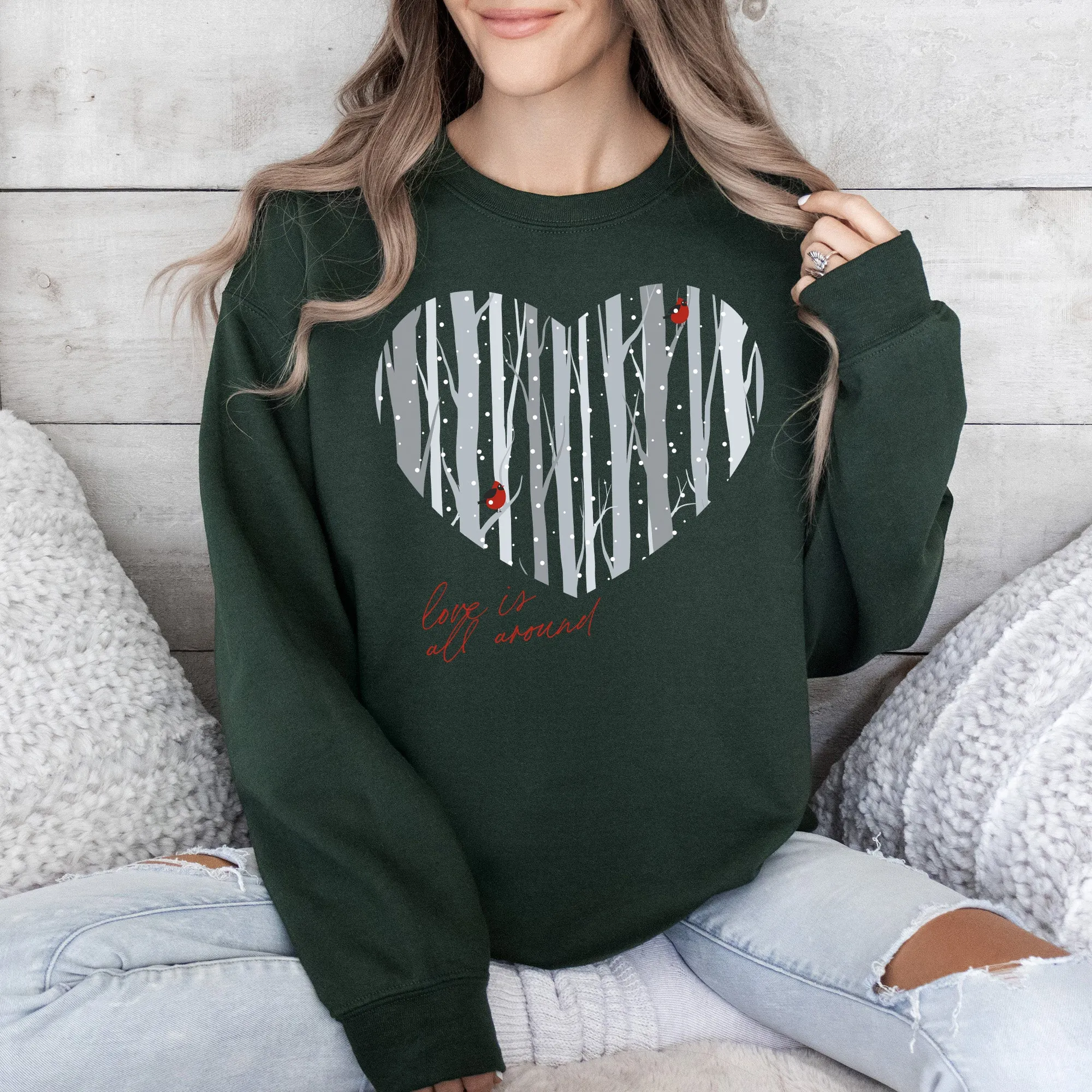 Love Is All Around, Winter Forest, Cardinal, Heart, Sweatshirt, Valentine's Day sold by Refinery Number One product image thumbnail 3
