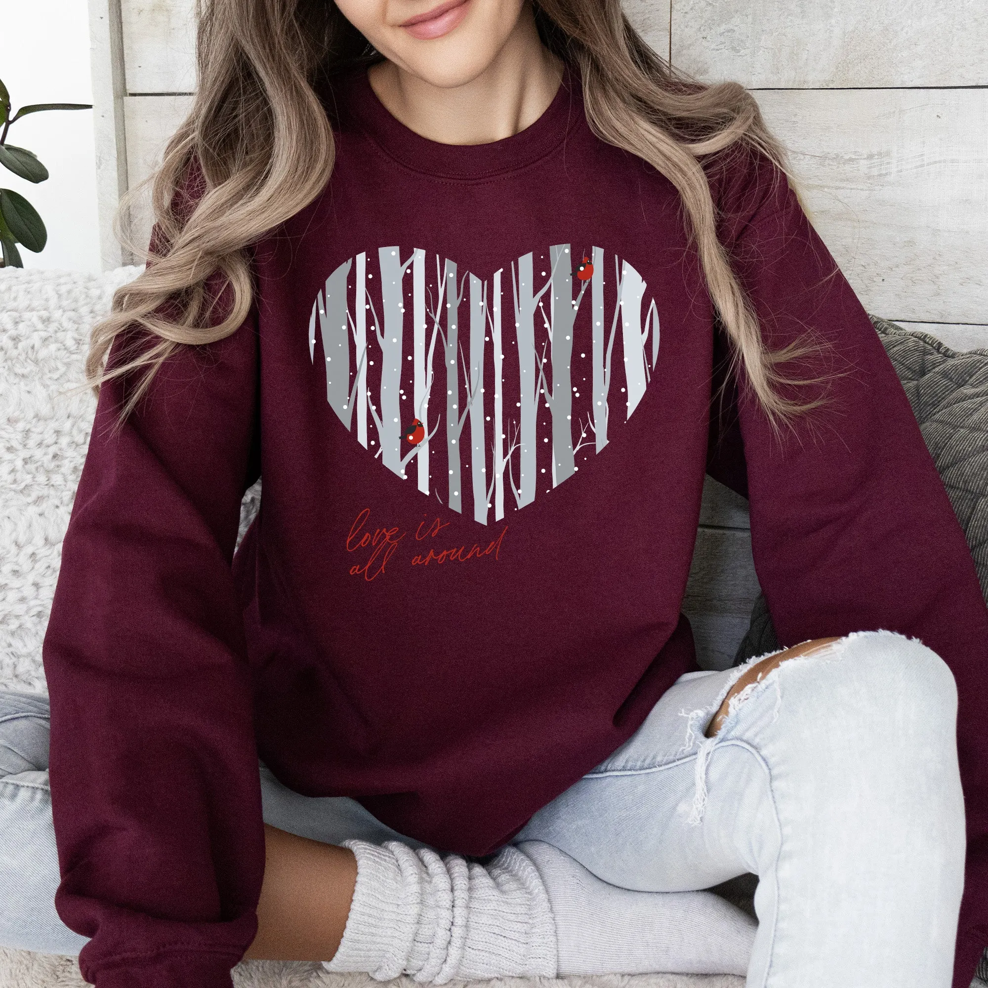 Love Is All Around, Winter Forest, Cardinal, Heart, Sweatshirt, Valentine's Day sold by Refinery Number One product image thumbnail 4