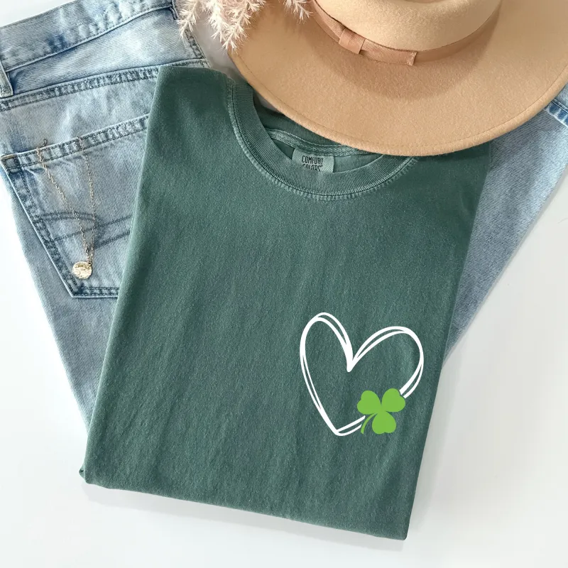 Double Heart With Shamrock, Pocket Print, St Patrick's Day Comfort Colors Tshirt sold by Refinery Number One