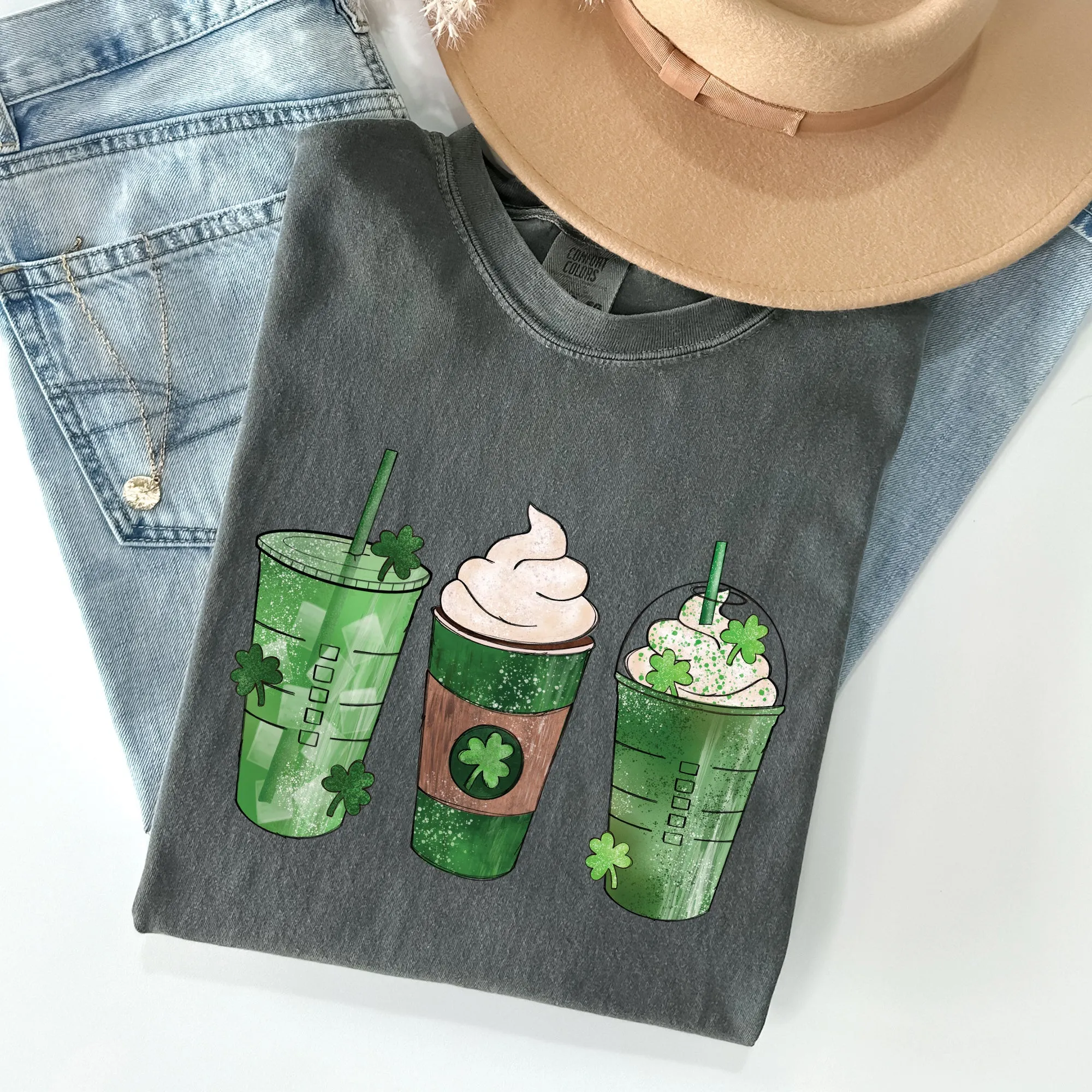 Iced Coffees, Drinks, Shamrocks, St Patrick's Day Comfort Colors Tshirt sold by Refinery Number One product image thumbnail 4