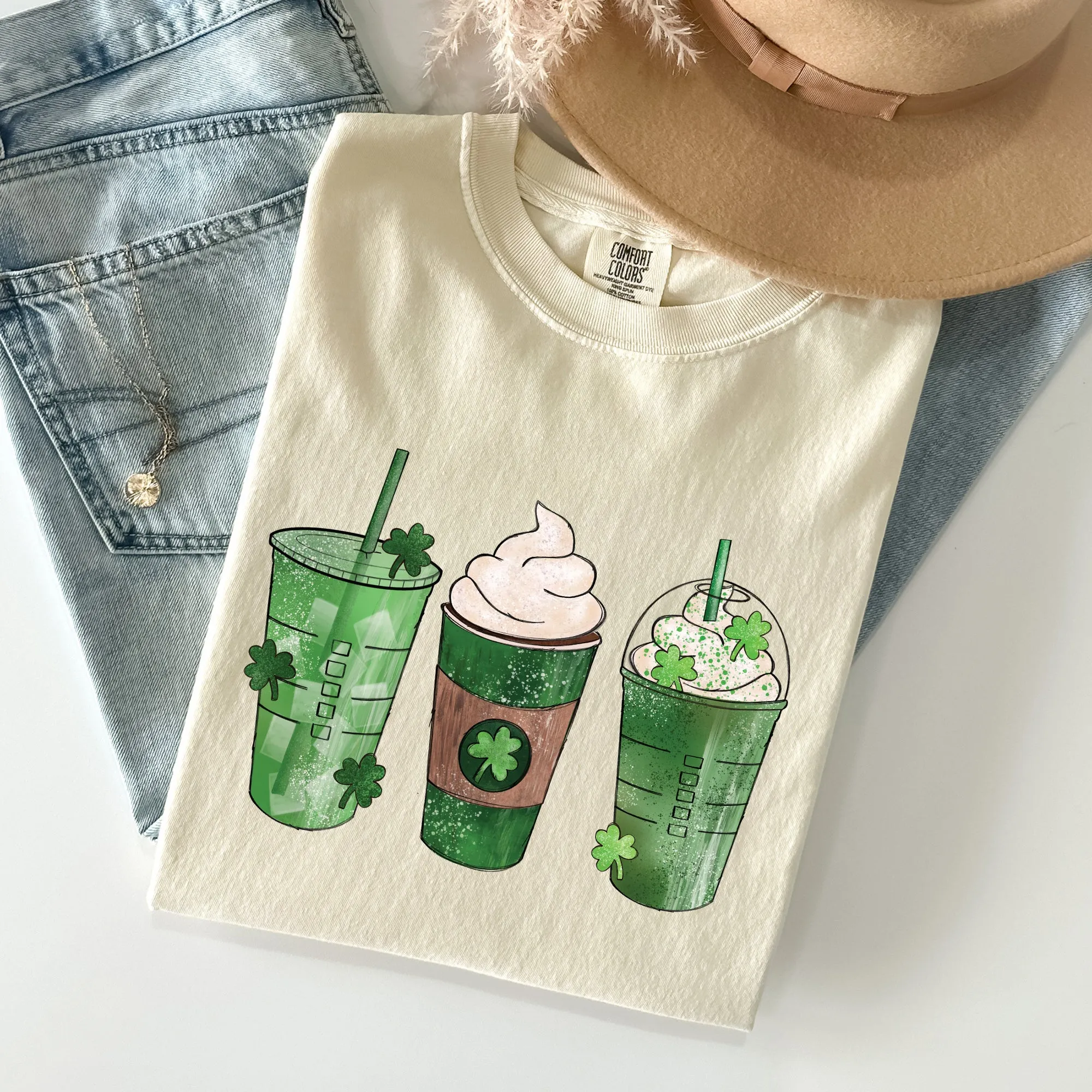 Iced Coffees, Drinks, Shamrocks, St Patrick's Day Comfort Colors Tshirt sold by Refinery Number One product image thumbnail 3