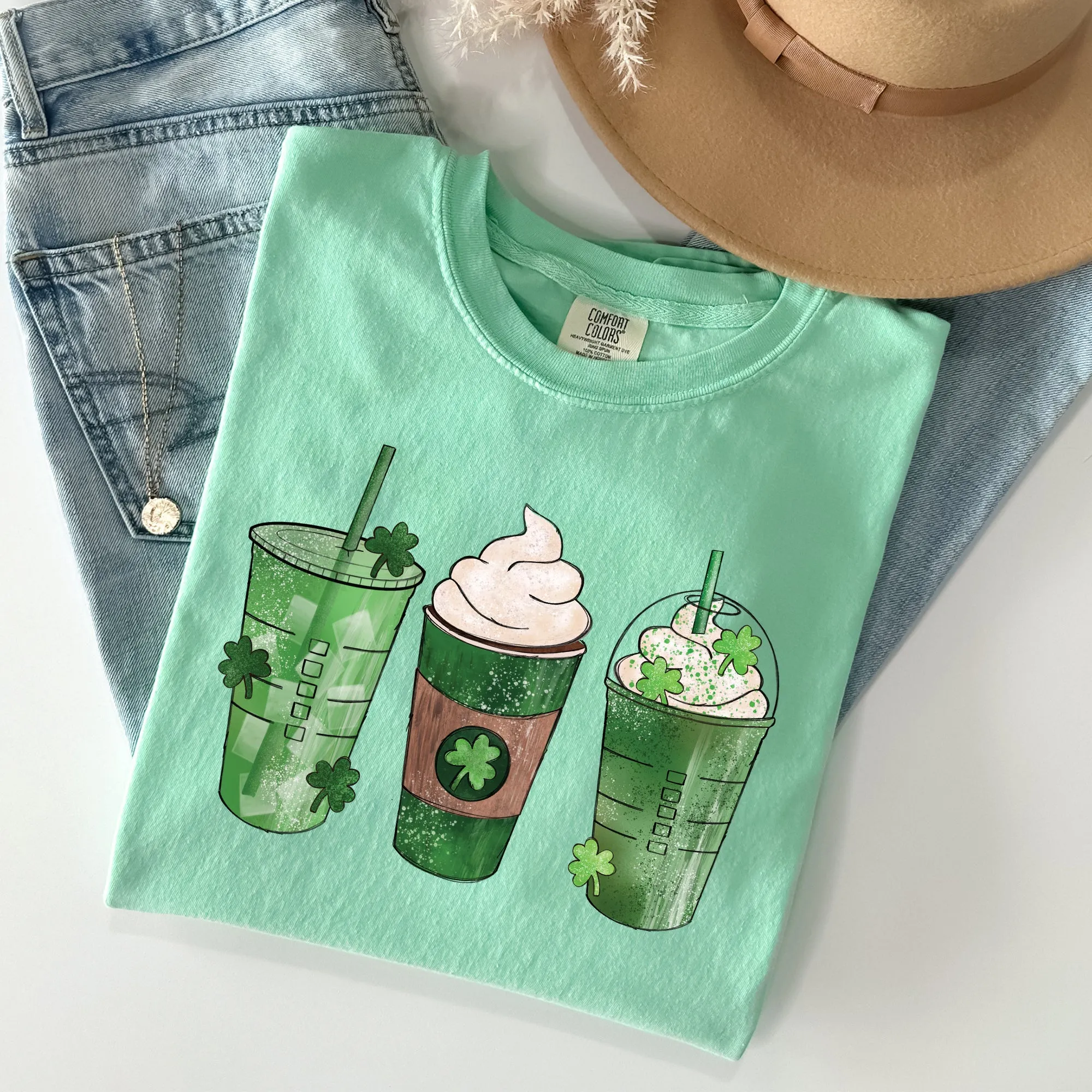 Iced Coffees, Drinks, Shamrocks, St Patrick's Day Comfort Colors Tshirt sold by Refinery Number One product image thumbnail 5