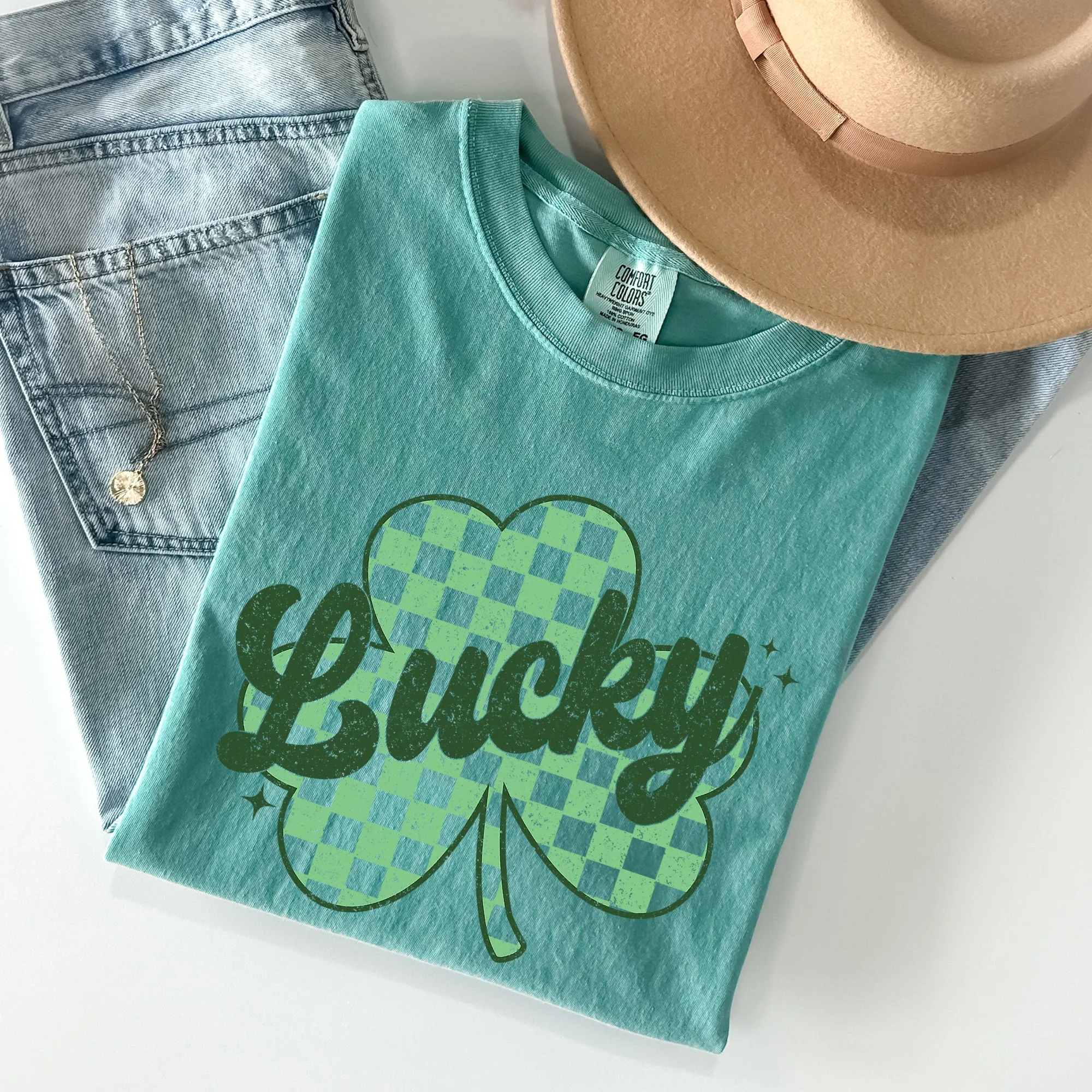 Lucky, Shamrock, Checker Print, St Patrick's Day Comfort Colors Tshirt sold by Refinery Number One product image thumbnail 2