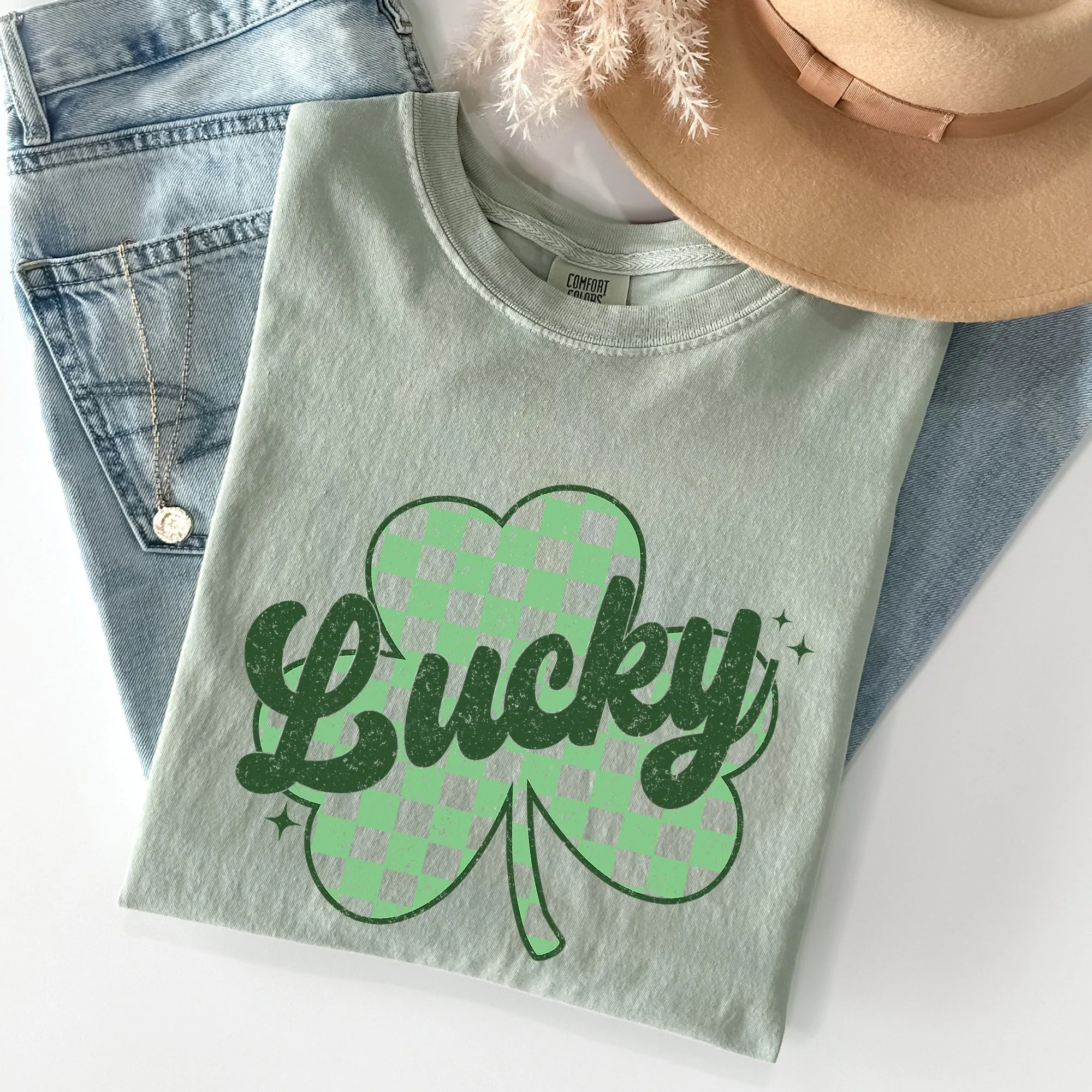 Lucky, Shamrock, Checker Print, St Patrick's Day Comfort Colors Tshirt sold by Refinery Number One product image thumbnail 3