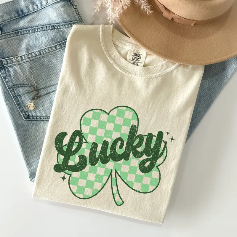 Lucky, Shamrock, Checker Print, St Patrick's Day Comfort Colors Tshirt sold by Refinery Number One