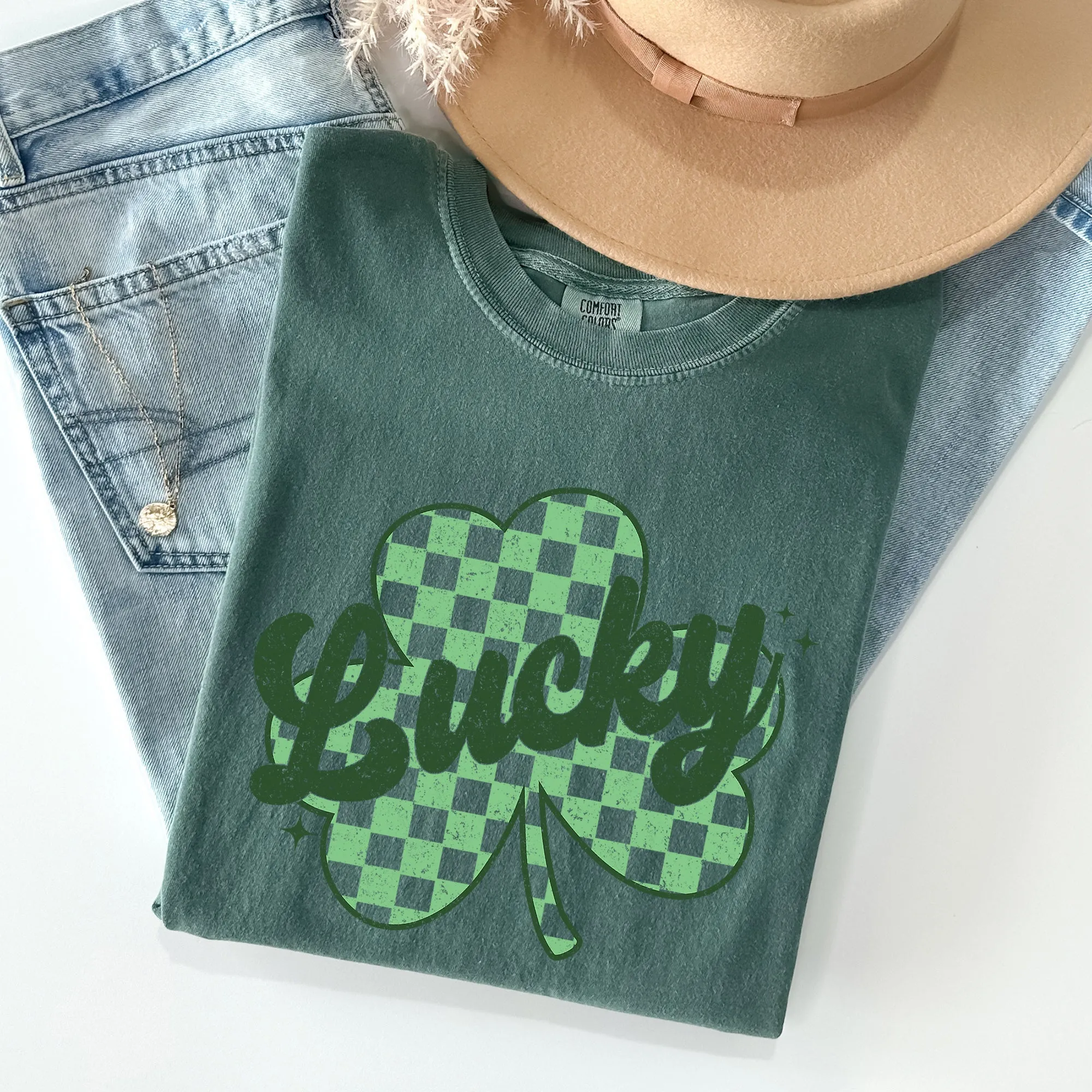 Lucky, Shamrock, Checker Print, St Patrick's Day Comfort Colors Tshirt sold by Refinery Number One product image thumbnail 5