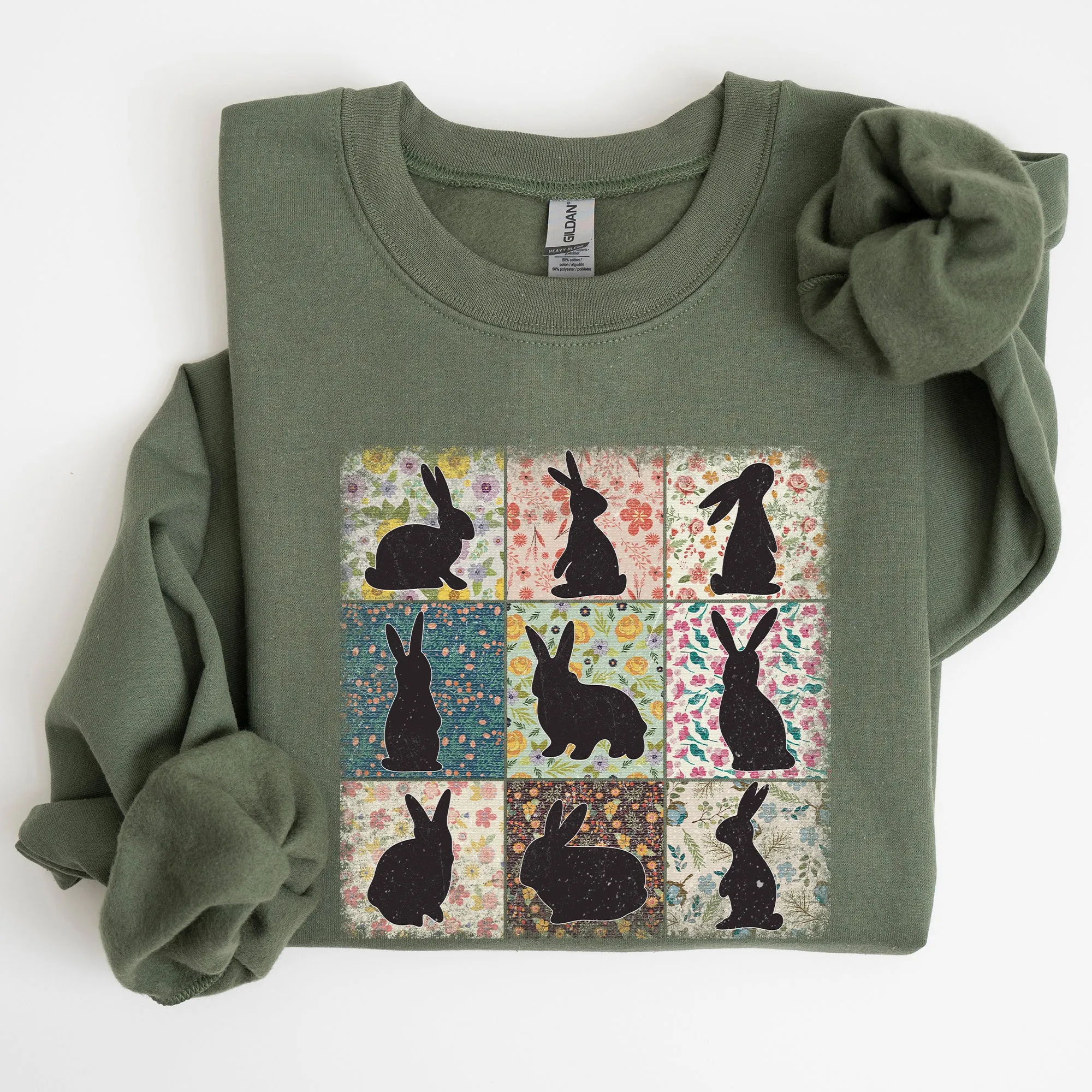 Retro Floral Print, Easter Bunnies, Quilt Sweatshirt sold by Refinery Number One