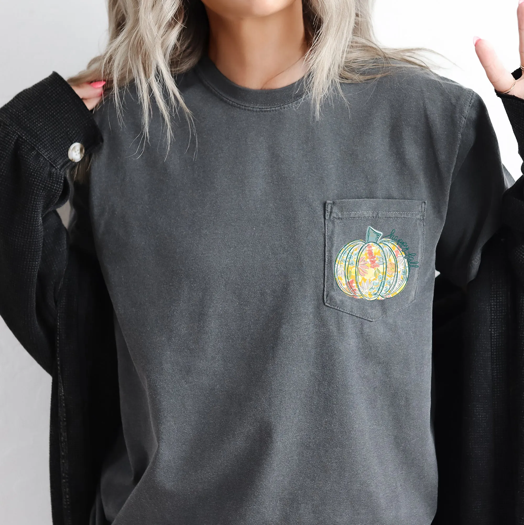 Happy Fall, Pastel Pumpkin, Thanksgiving, Flowers, Pocket Tee Comfort Colors T-Shirt sold by Refinery Number One