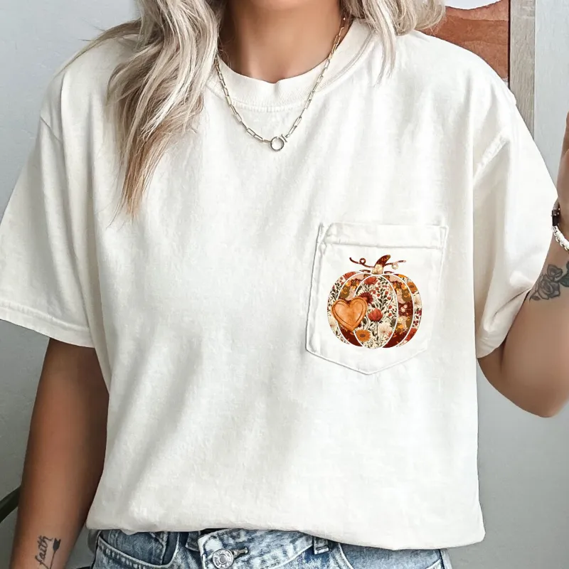 Pumpkin, Heart, Thanksgiving, Flowers, Pocket Tee Comfort Colors T-Shirt sold by Refinery Number One