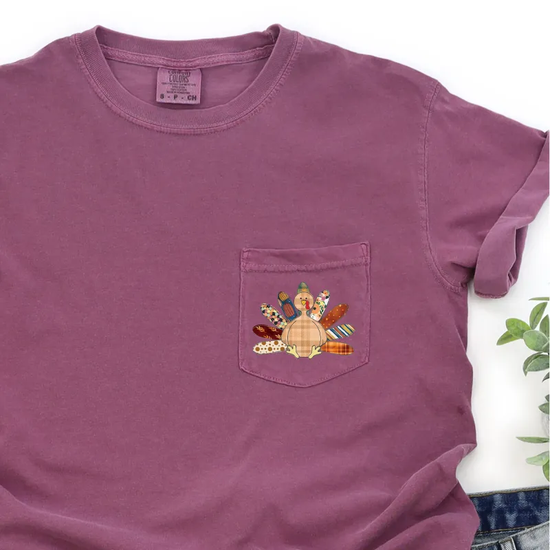 Thanksgiving Turkey, Colorful, Plaid, Pocket Tee Comfort Colors T-Shirt made by Refinery Number One