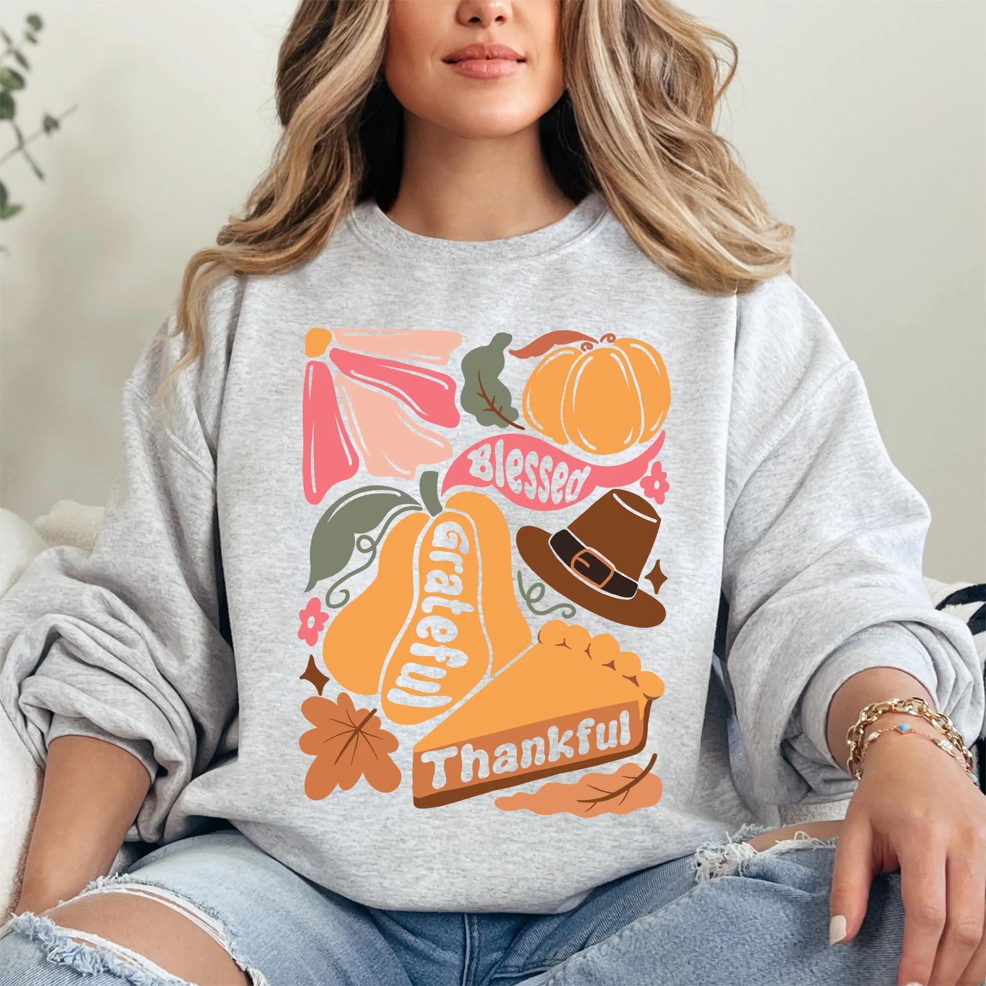 Grateful, Thankful, Blessed, Autumn, Thanksgiving, Flowers, Pumpkins, Pilgrims Sweatshirt sold by Refinery Number One product image thumbnail 2